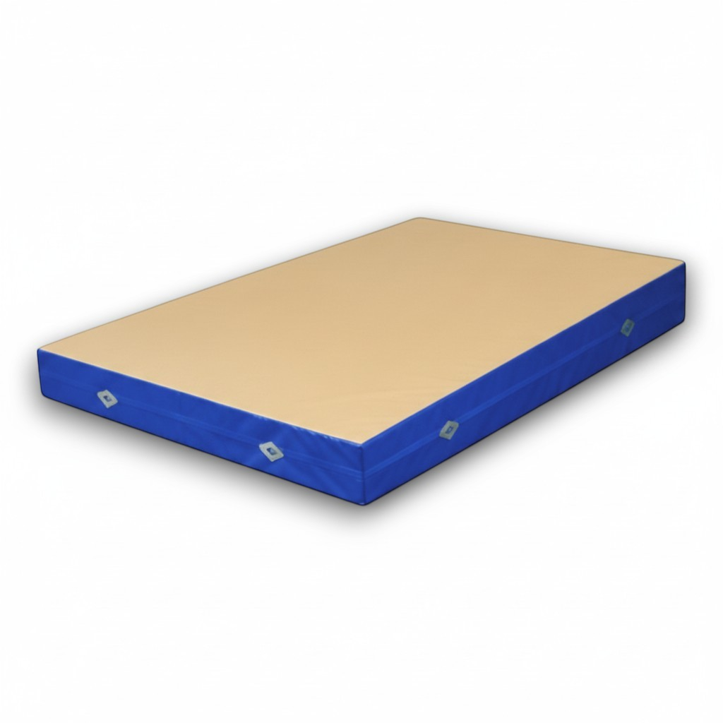 UK Gym Pits FIG approved soft topper landing mat with beige jersey fabric top and blue PVC sides for gymnastics