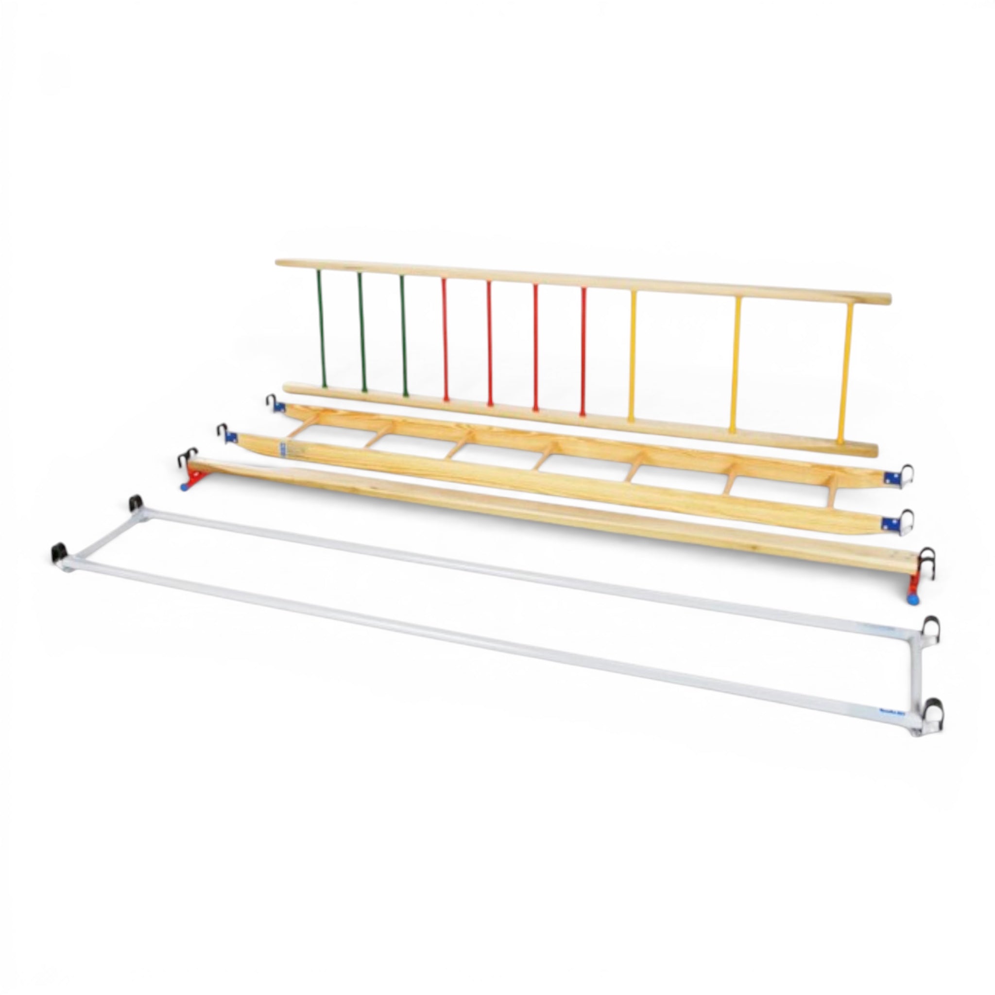 UK Gym Pits Spectrum climbing frame components including timber and steel bars for school gymnastics equipment.