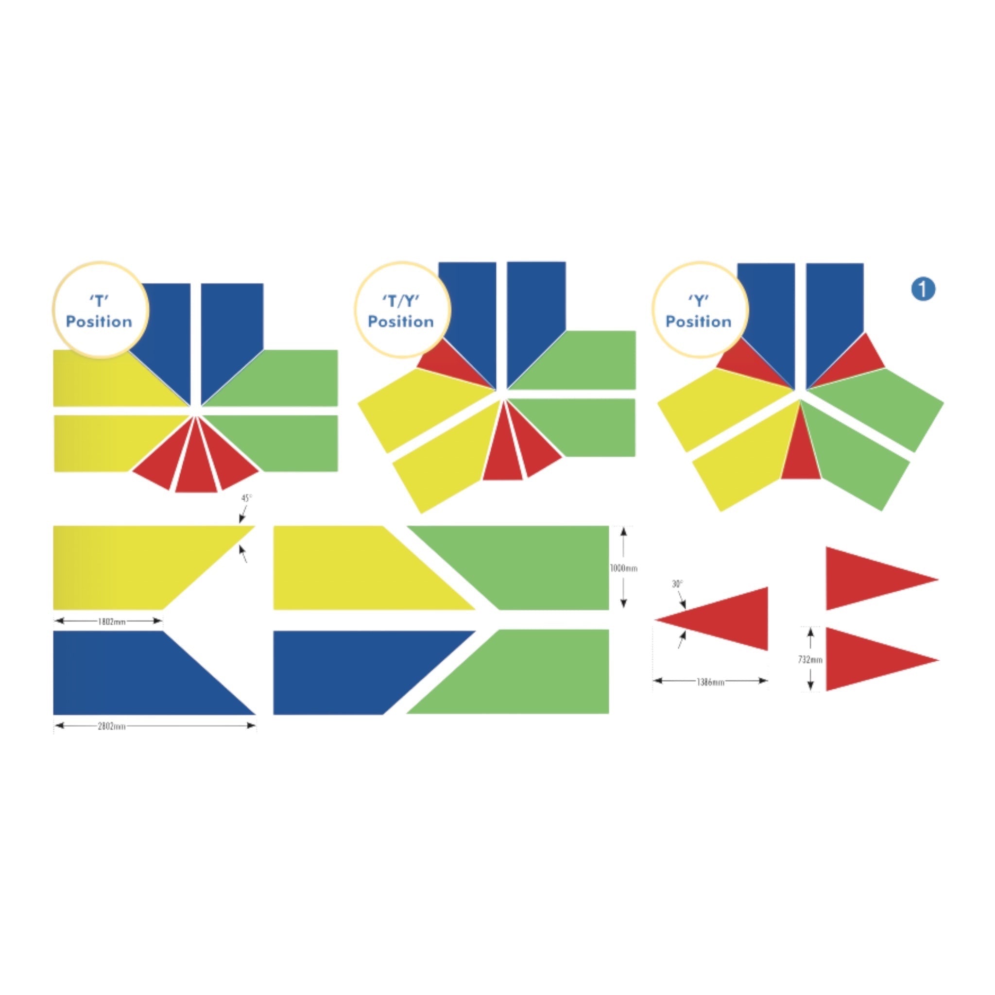UK Gym Pits Spectrum climbing frame configuration diagram showing T, T/Y, and Y positions with dimensions and mat shapes.