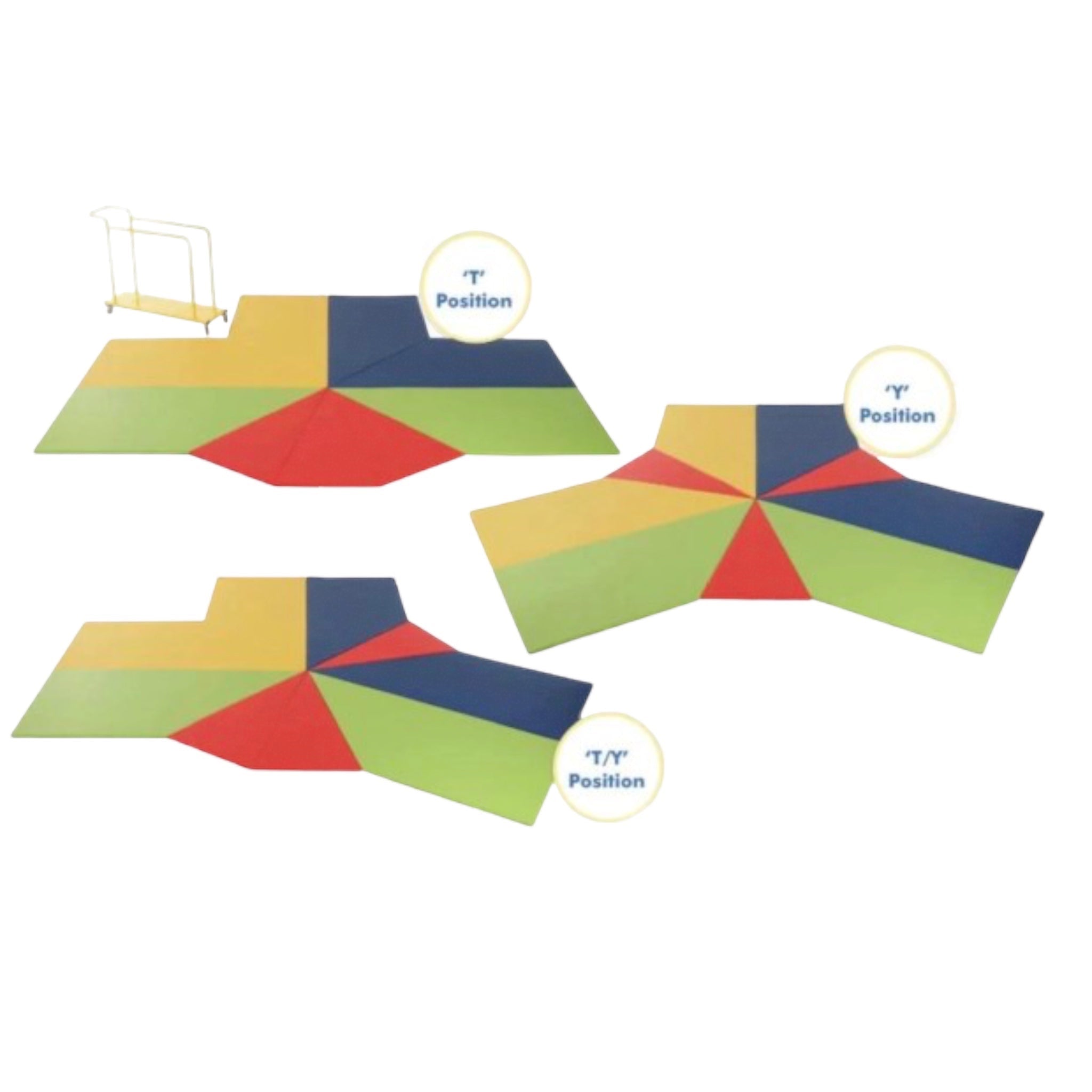 UK Gym Pits Spectrum climbing frame mat set shown in T, Y, and T/Y configurations with colourful safety mats