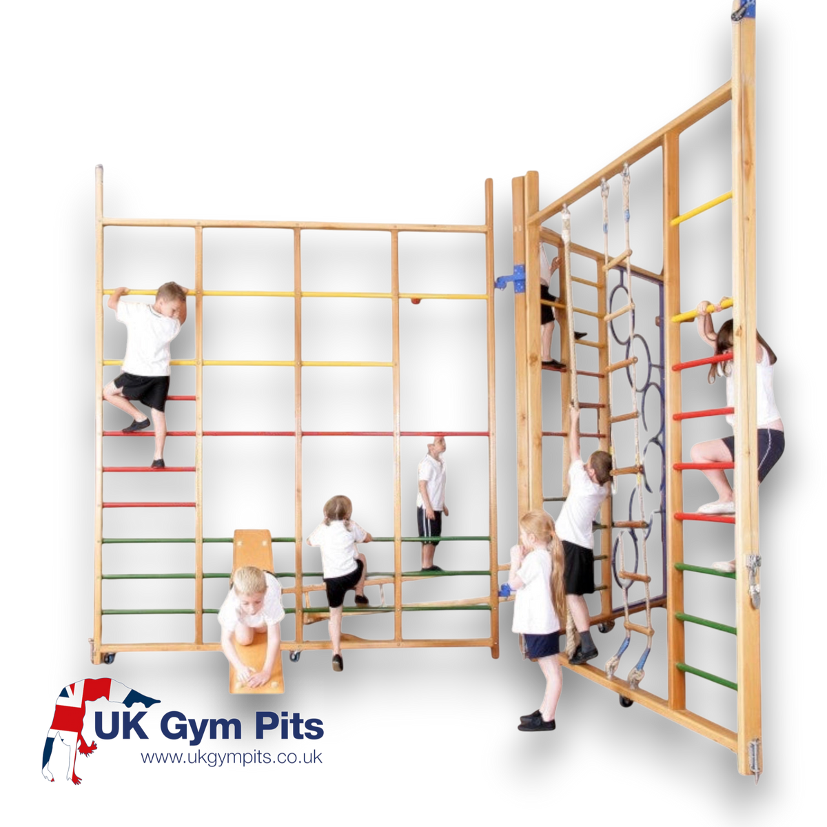 UK Gym Pits Spectrum climbing frame with timber uprights and colourful bars being used by children in a school gym