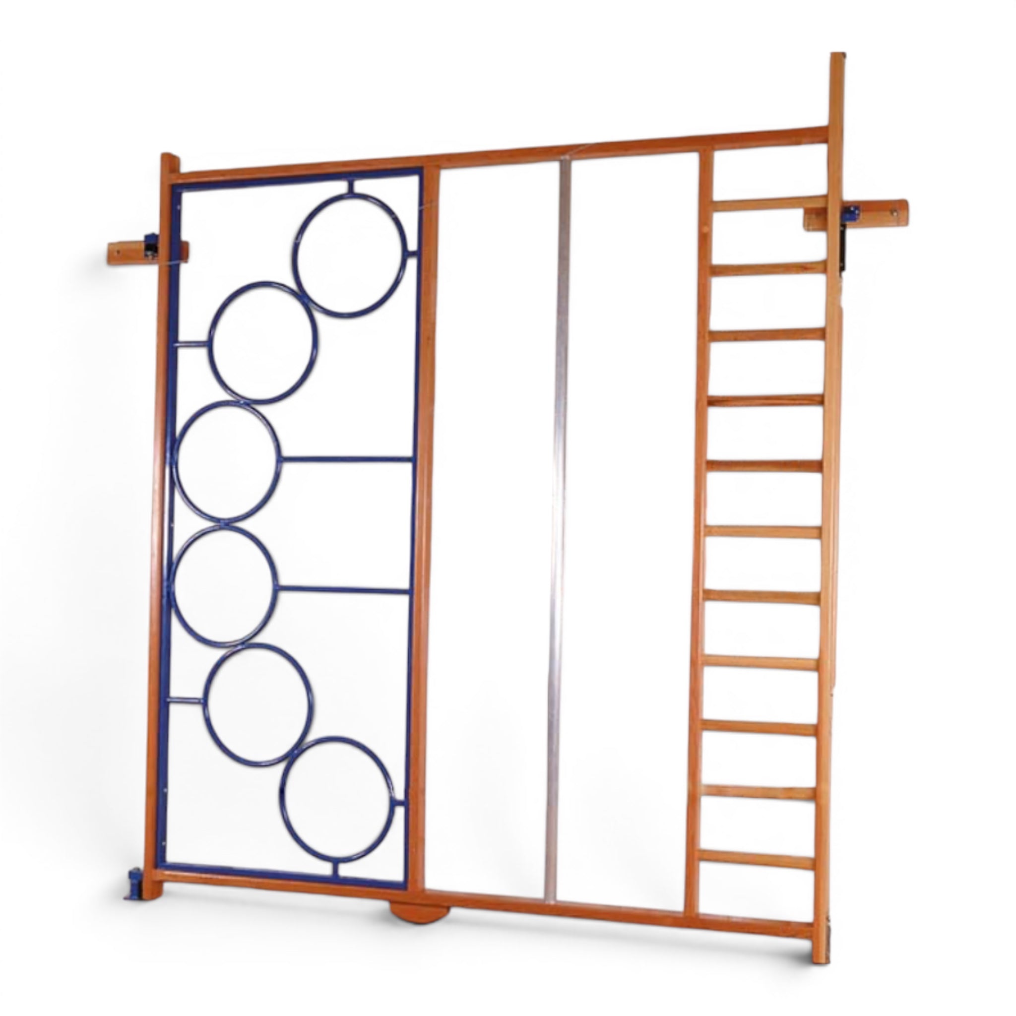 UK Gym Pits Spectrum climbing frame with timber uprights and blue steel circular bars folded against a wall.