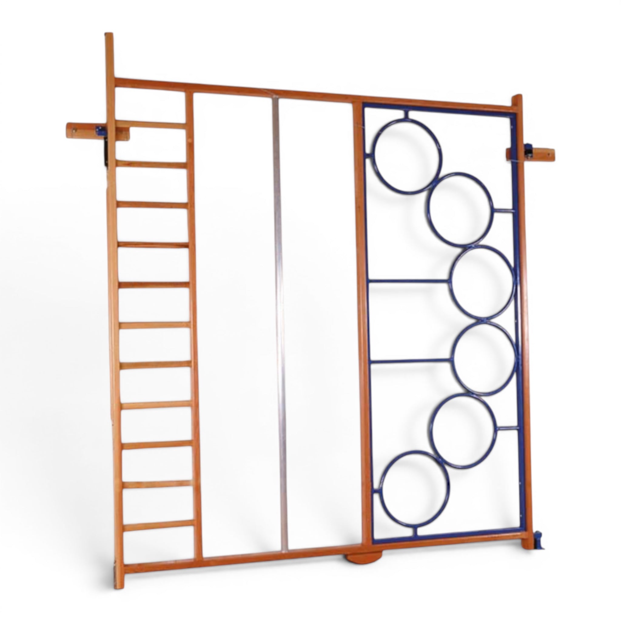 UK Gym Pits Spectrum climbing frame with wooden uprights, ladder rungs, and a blue steel circular design gate.