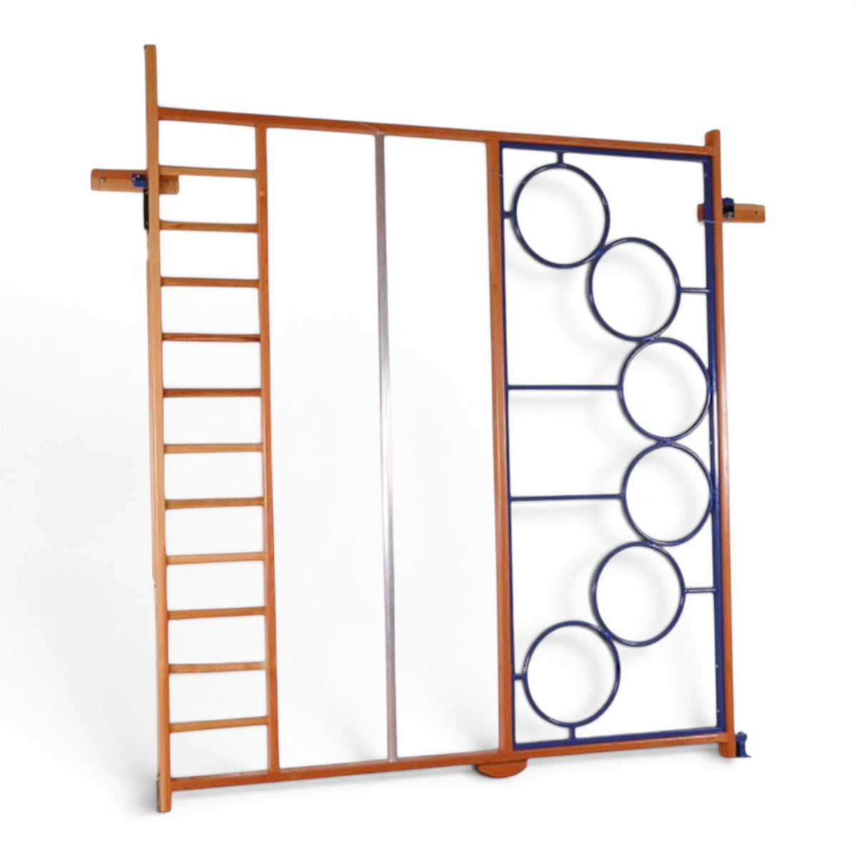 UK Gym Pits Spectrum climbing frame with wooden uprights, ladder rungs, and a blue steel circular design gate.