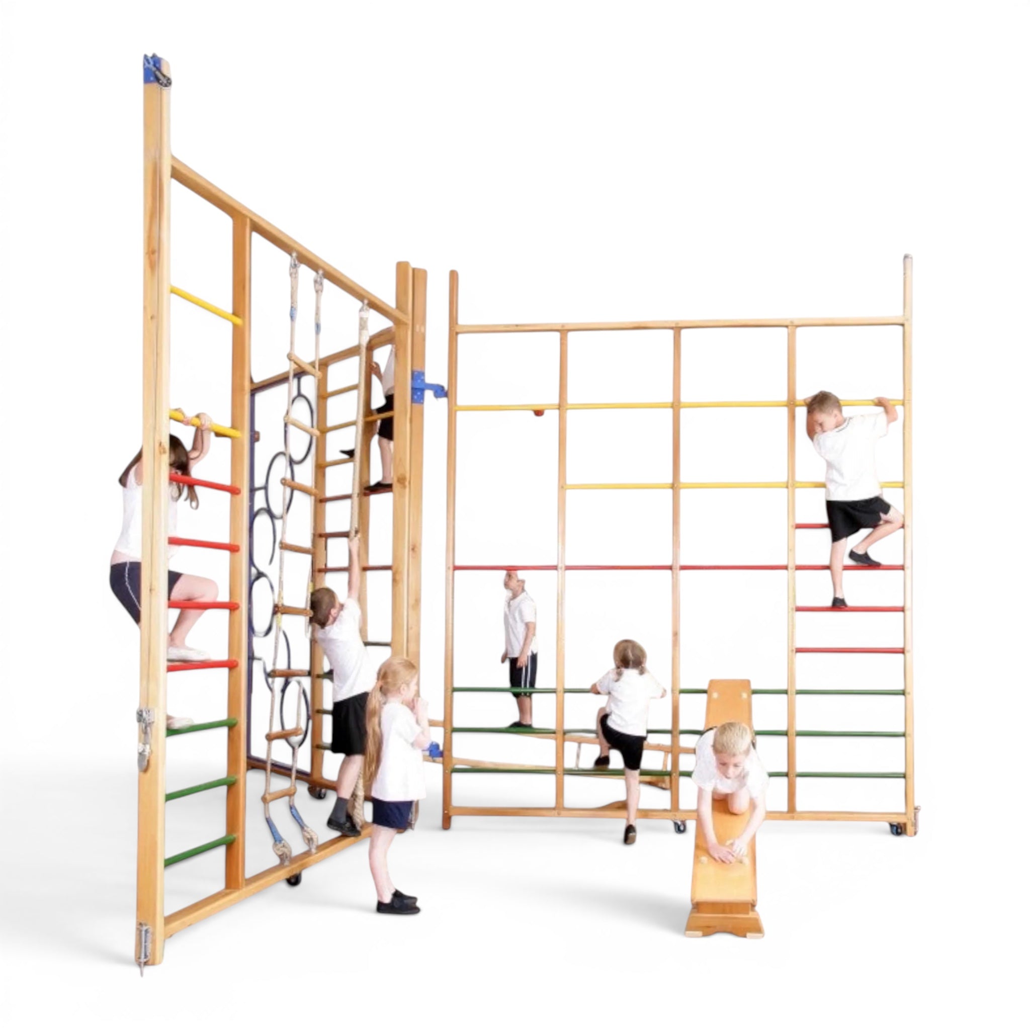 UK Gym Pits Spectrum climbing frame with timber uprights and colourful bars being used by children in a school hall.