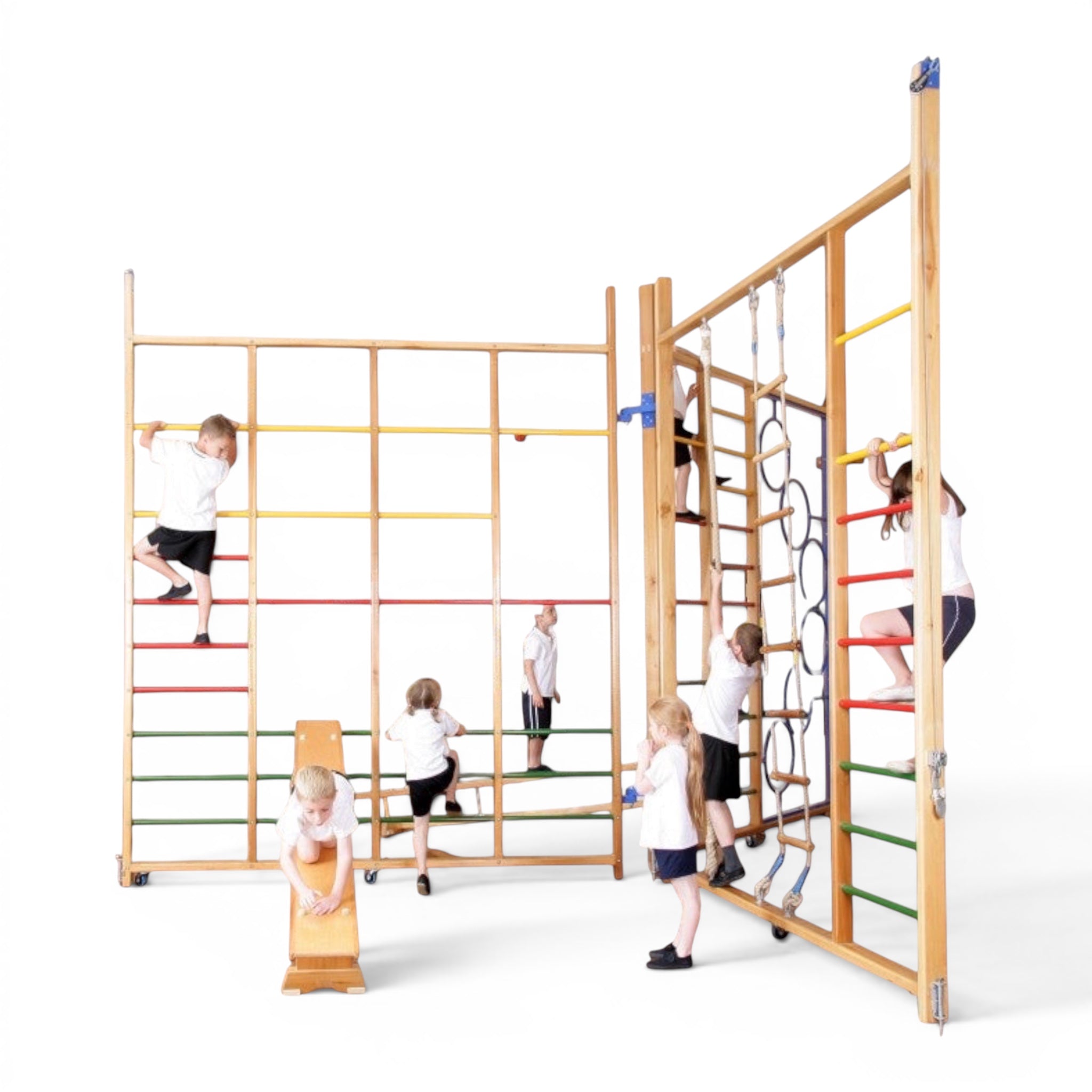 UK Gym Pits Spectrum climbing frame with timber uprights and colourful bars being used by children in a school gym