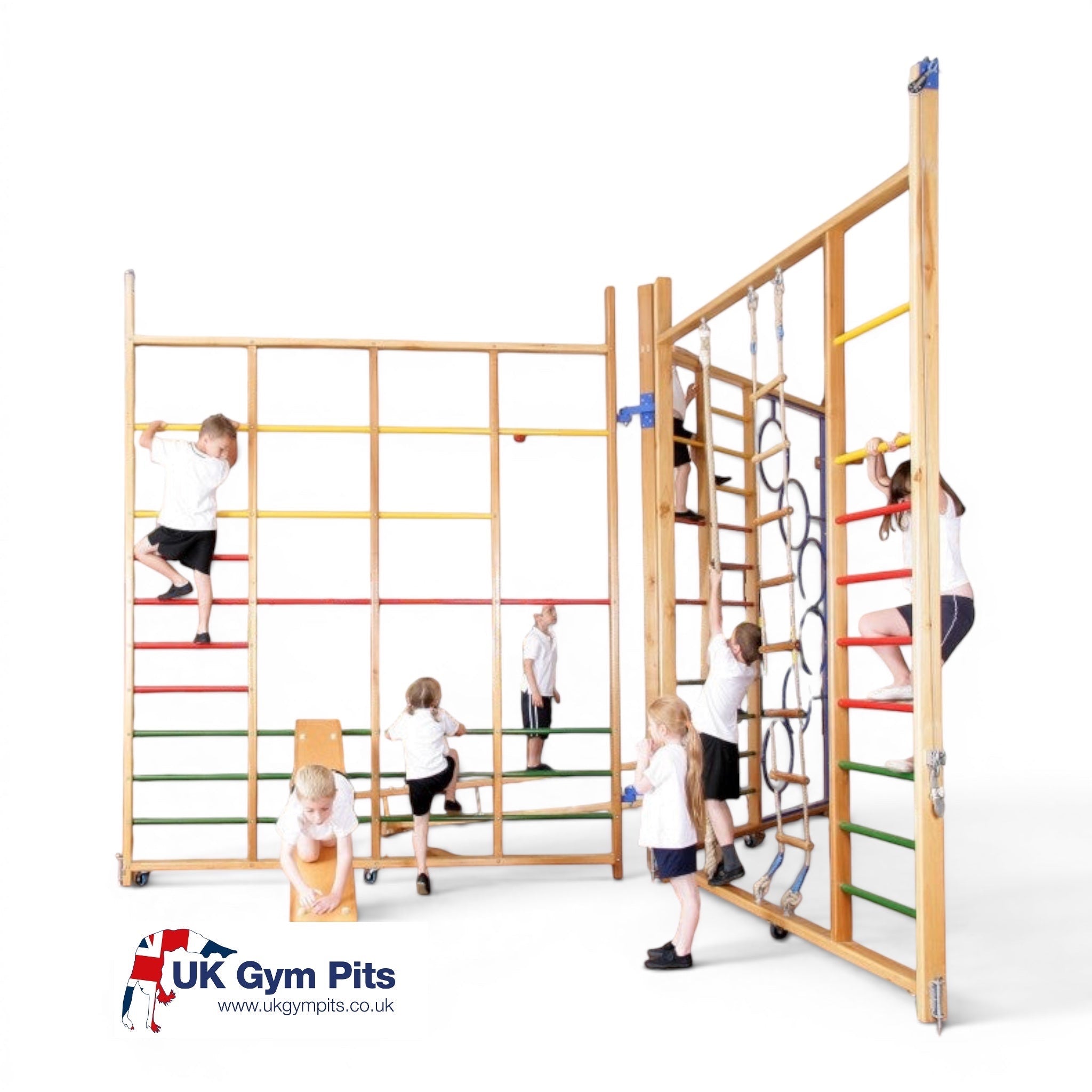 UK Gym Pits Spectrum climbing frame with timber uprights and colourful bars being used by children in a school gym