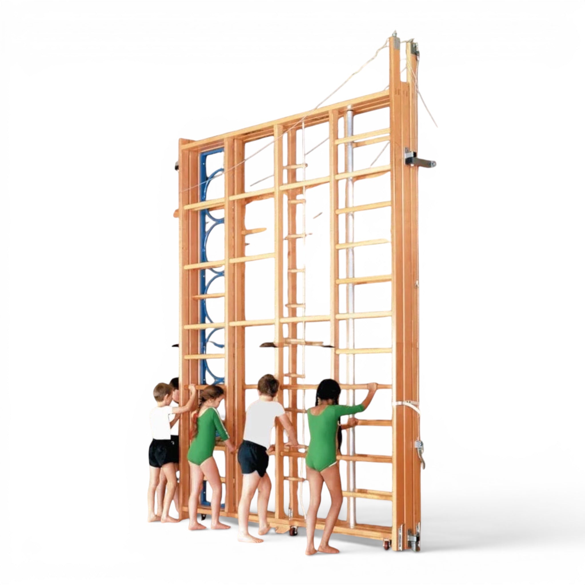 UK Gym Pits Spectrum climbing frame with timber uprights and bars being moved by children in a school gym setting.