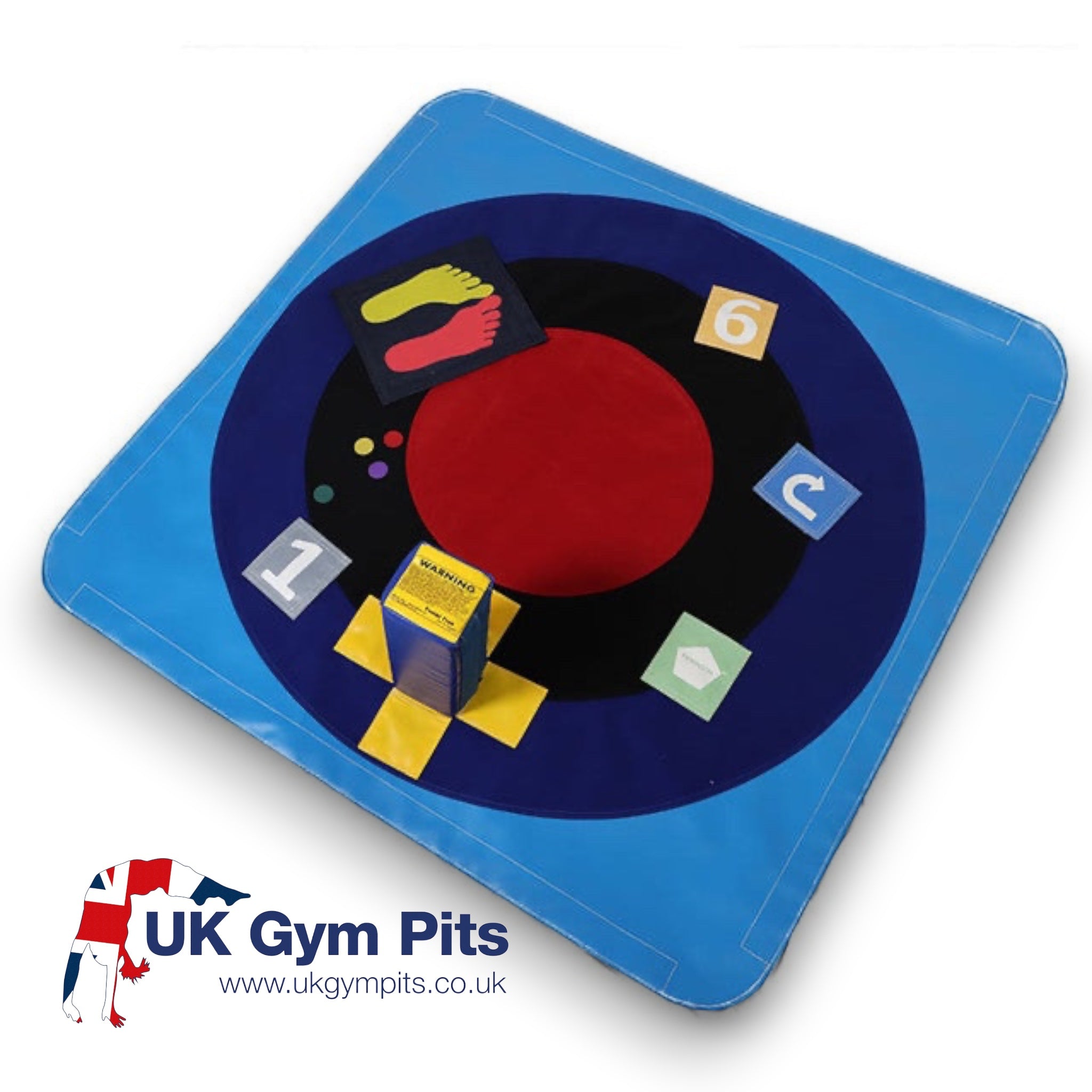 UK Gym Pits Spencer Spot Landing Dot with colourful velcro markers on a blue, black, and red bullseye target mat.