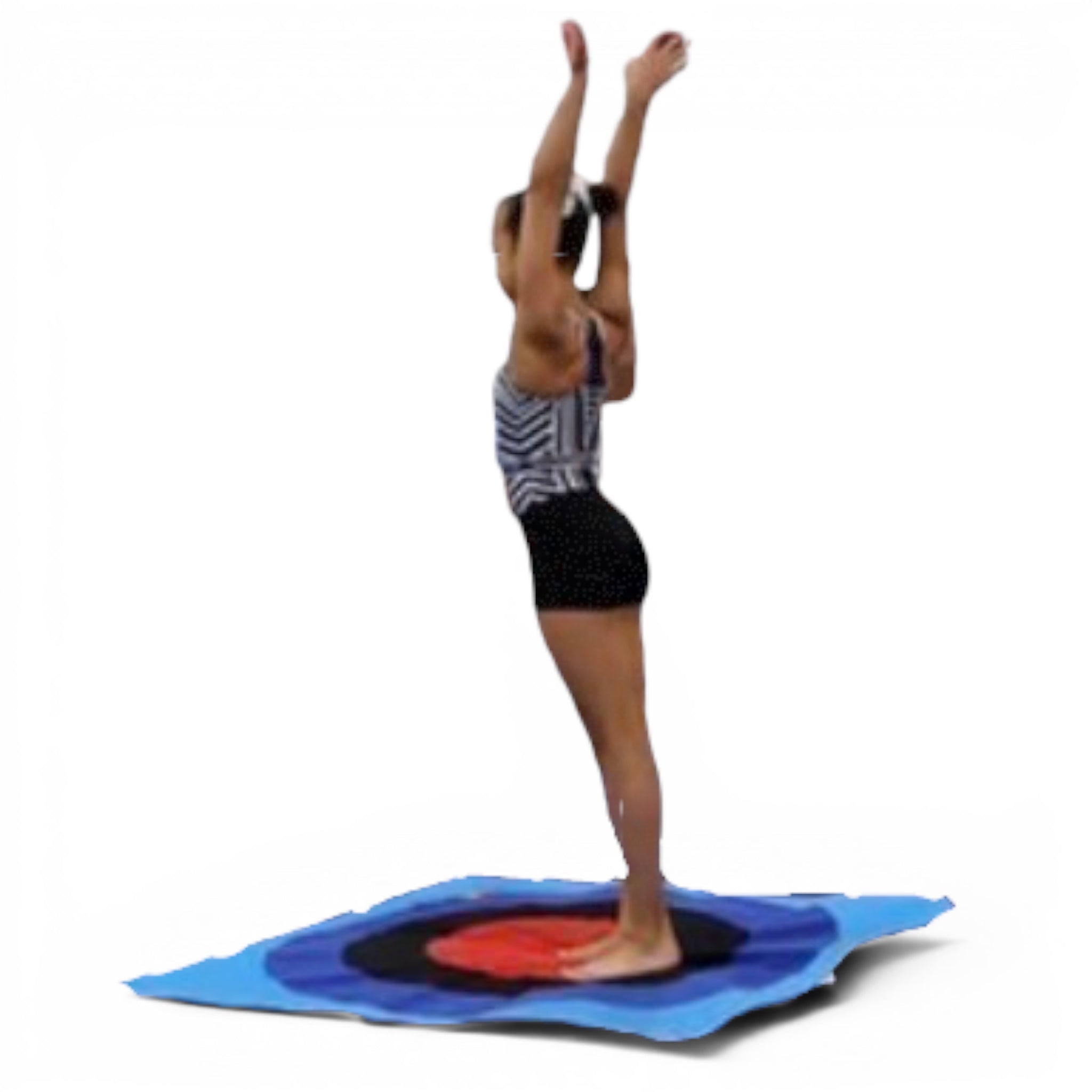 UK Gym Pits Spencer Spot Landing Dot with a gymnast standing on the blue, black, and red bullseye target mat.