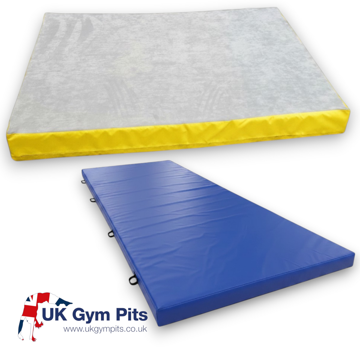 UK Gym Pits blue PVC and grey jersey top splat mats with shock-absorbing foam and heavy-duty carry handles