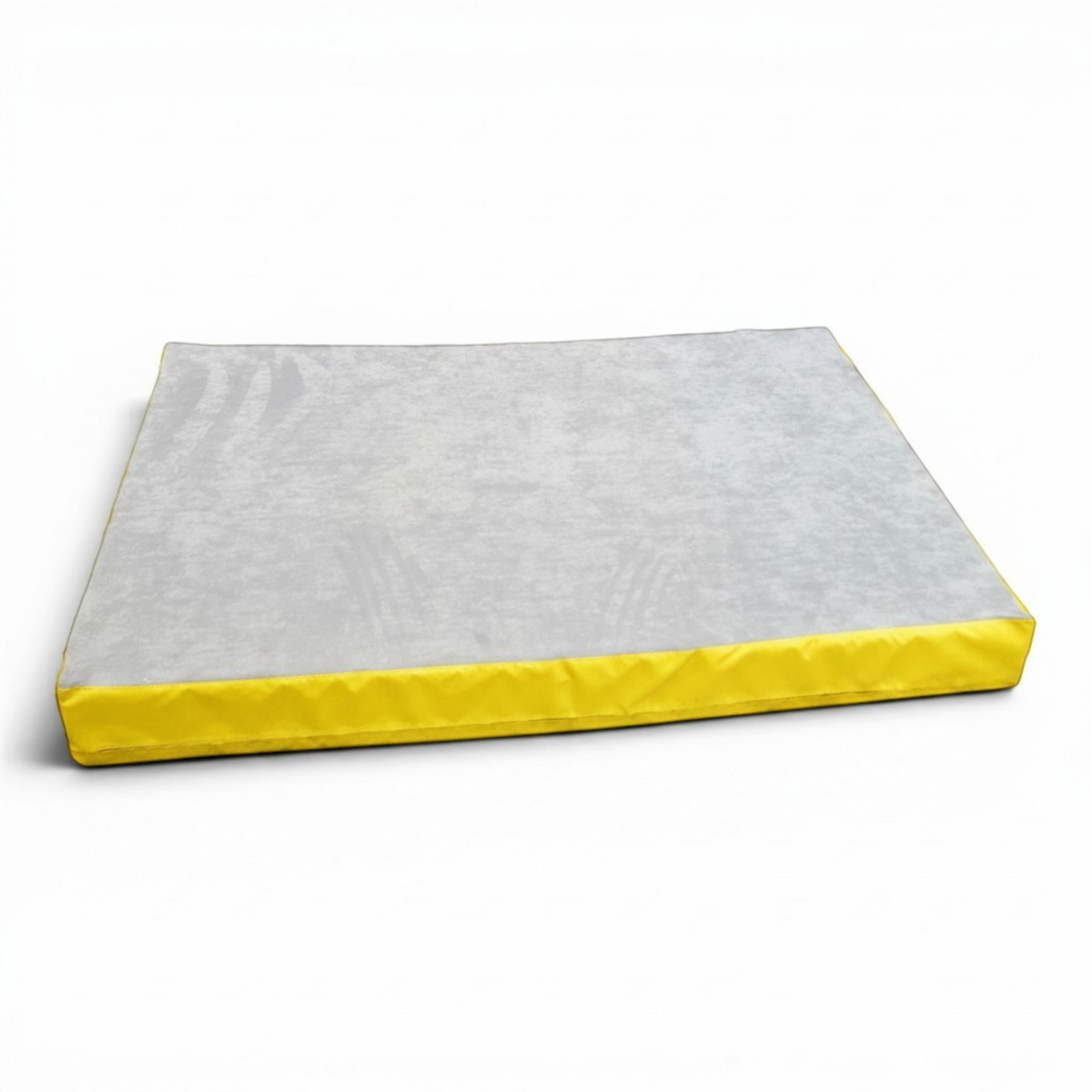 UK Gym Pits Splat Mat with a grey jersey fabric top and yellow PVC sides for gymnastics and martial arts training.