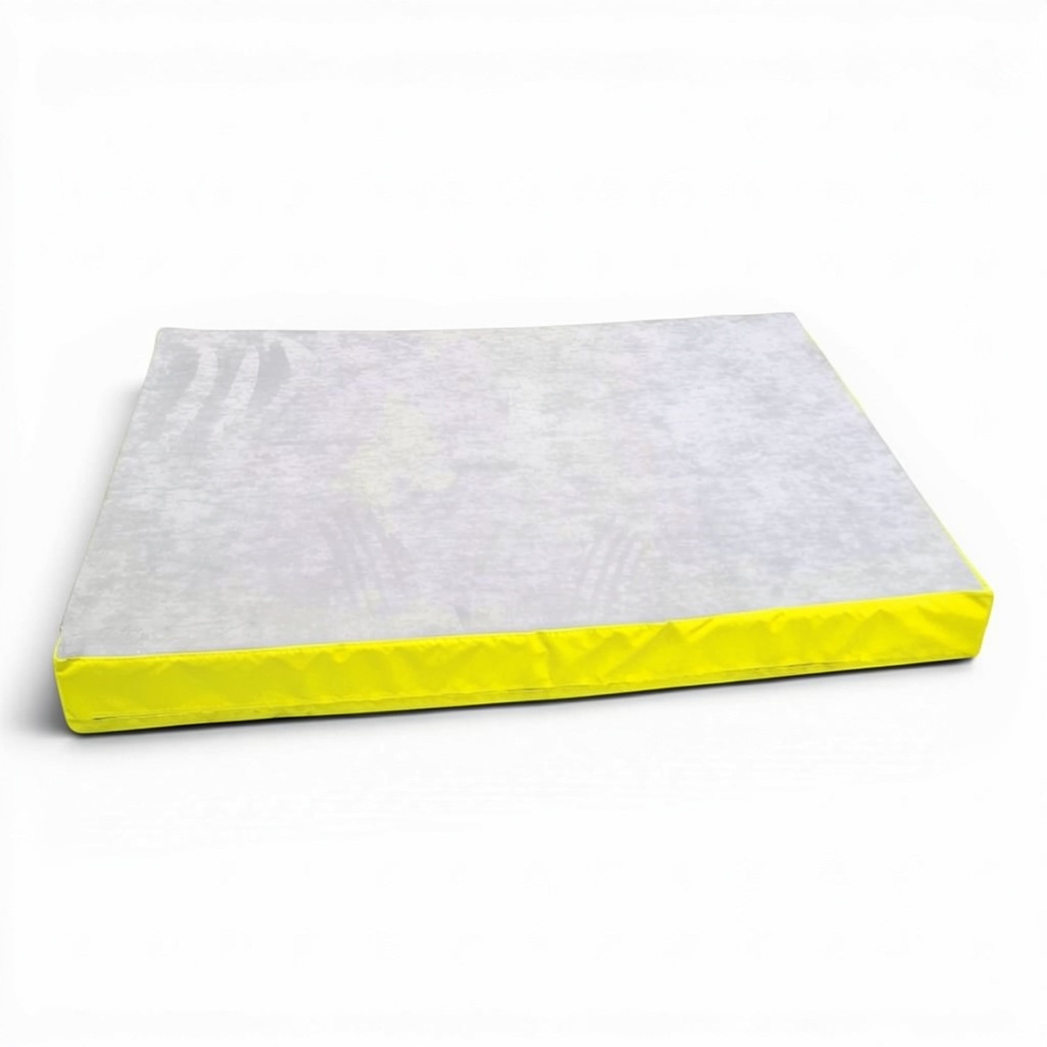 UK Gym Pits Splat Mat with a grey jersey fabric top and bright yellow PVC sides for gymnastics and parkour training.