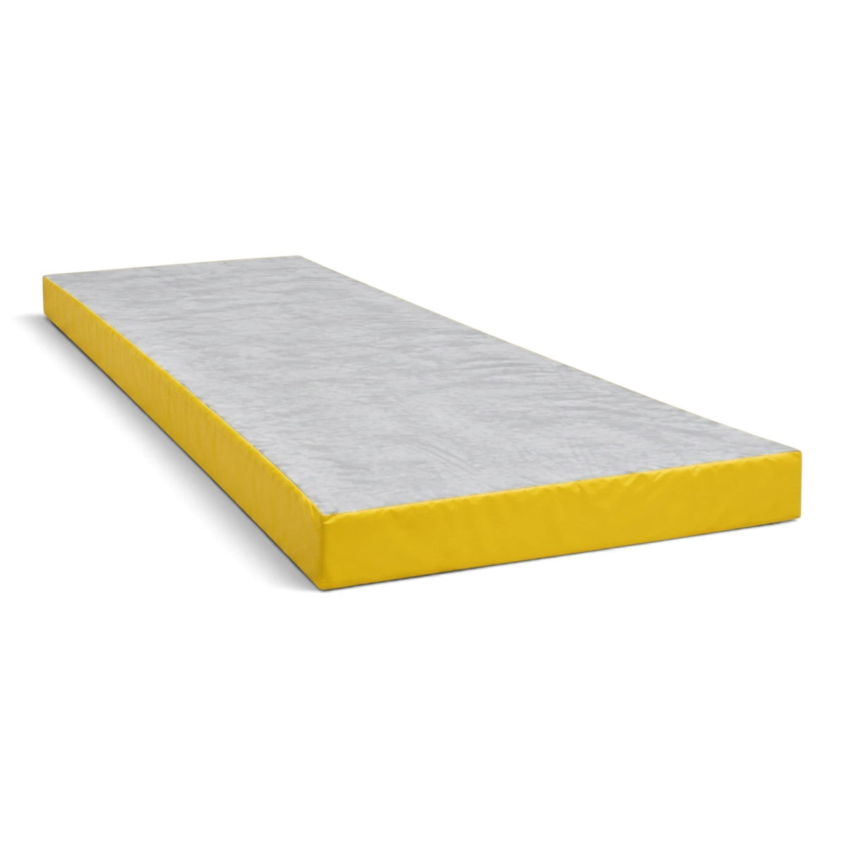 UK Gym Pits splat mat with a soft grey jersey top and yellow PVC sides for gymnastics and martial arts training.