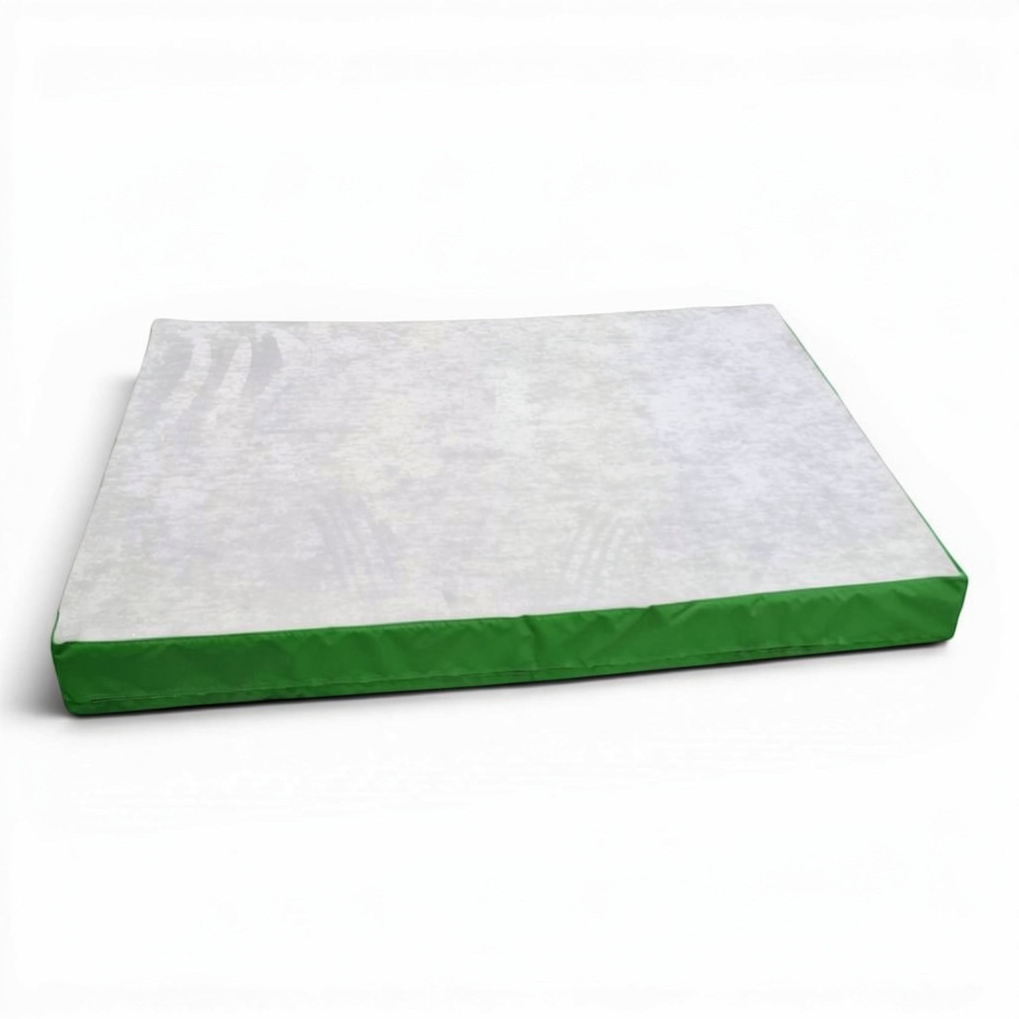 UK Gym Pits Splat Mat with a grey jersey fabric top and green PVC sides for gymnastics and martial arts training.