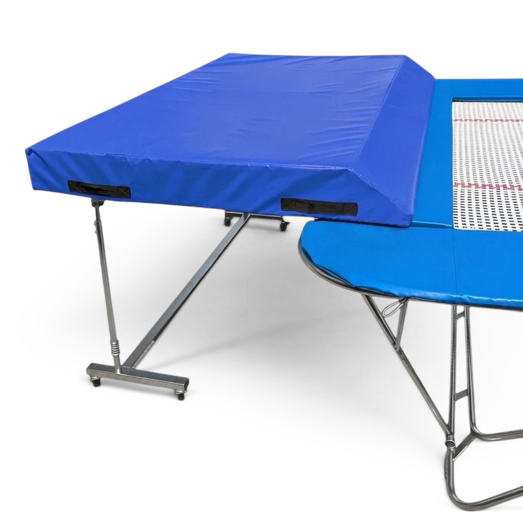UK Gym Pits standard spotting end deck with blue wedged safety mat attached to a trampoline frame