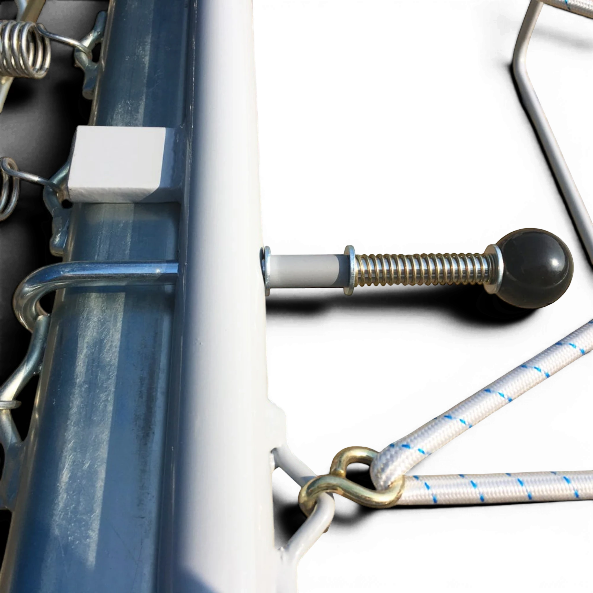 UK Gym Pits economy spotting end deck frame with silver powder coated metal, springs, and white safety cord attachment.