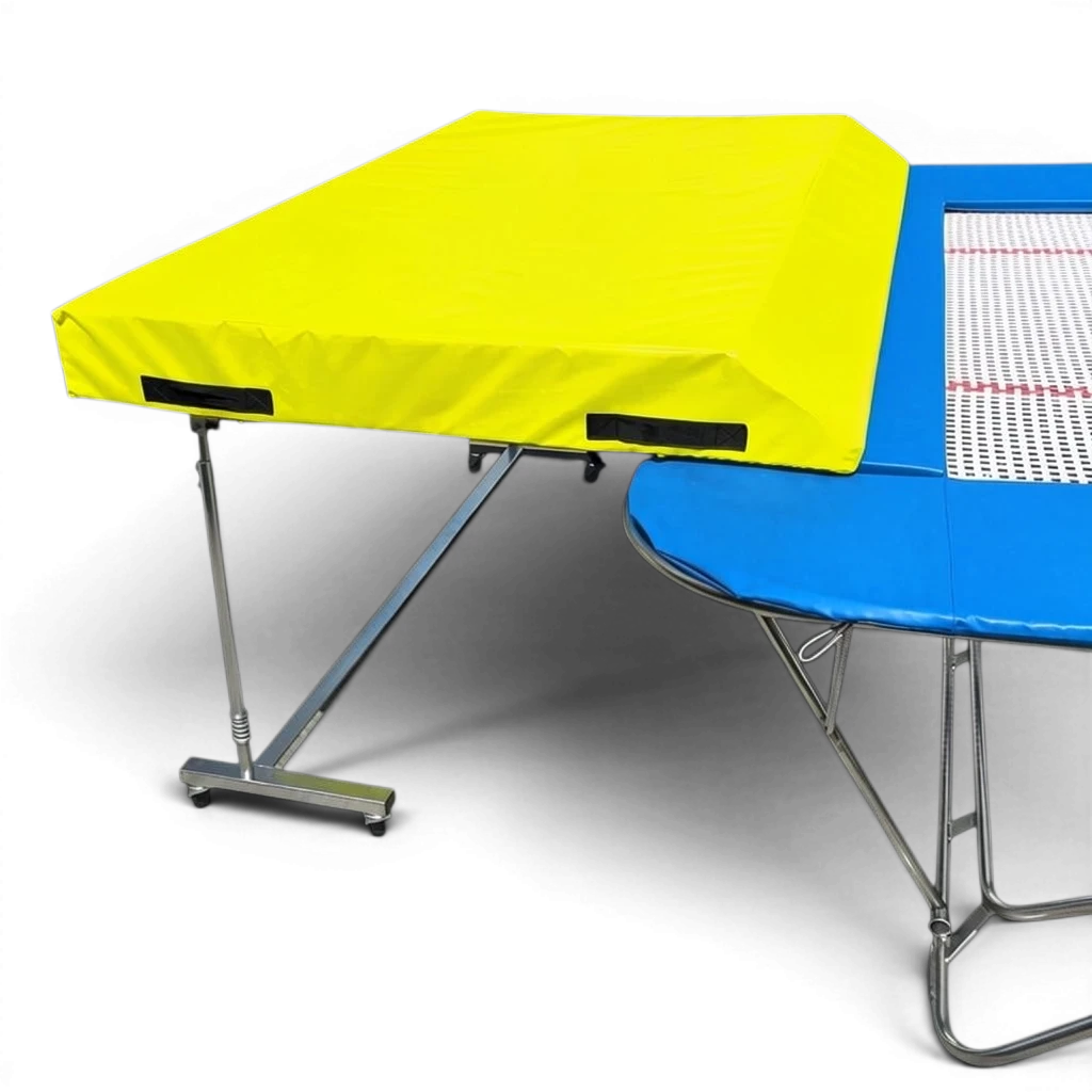 UK Gym Pits international spotting end deck with a yellow safety mat attached to a blue trampoline frame.