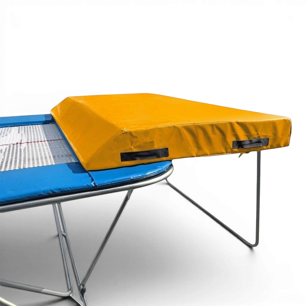 UK Gym Pits economy spotting end deck with a yellow safety mat attached to a trampoline frame