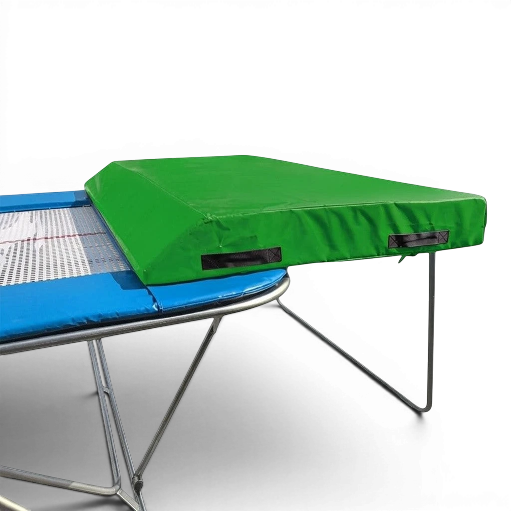 UK Gym Pits economy spotting end deck with a green safety mat attached to a silver metal trampoline frame.