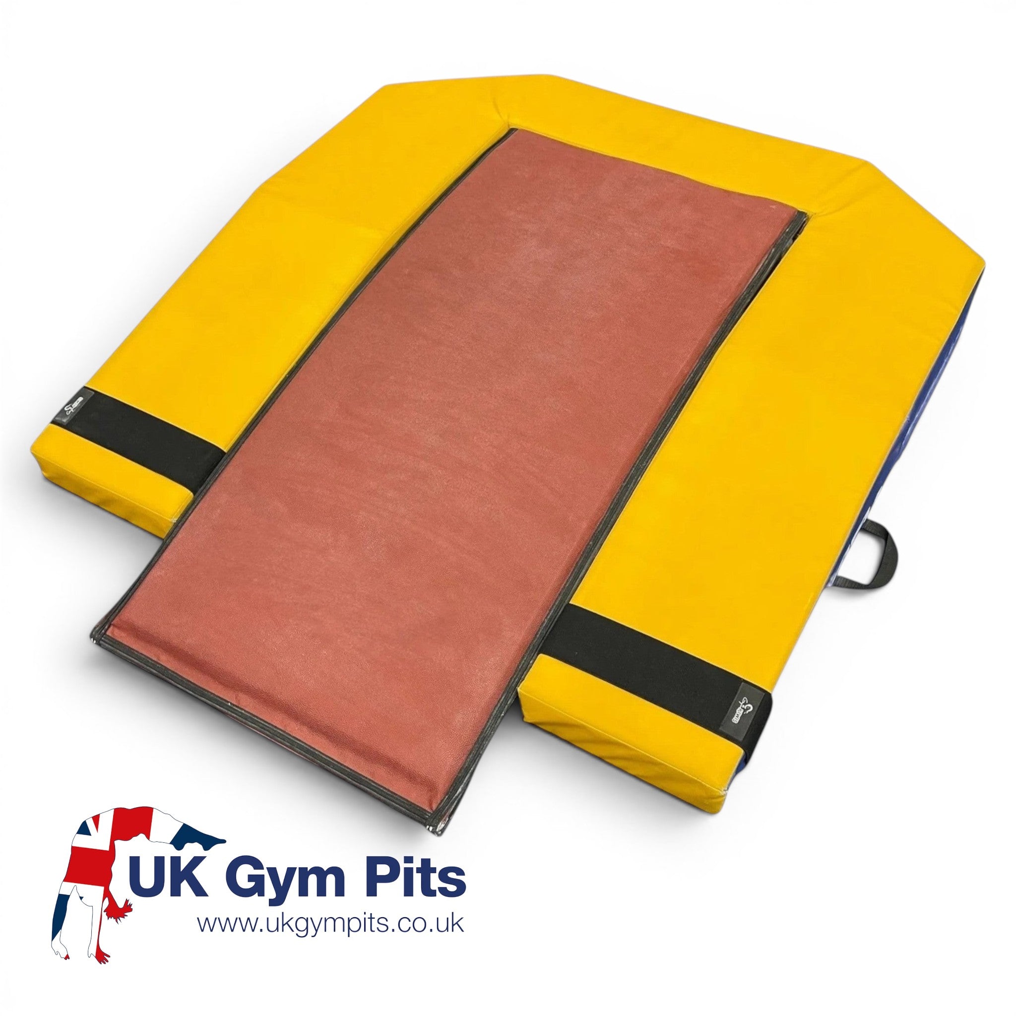 UK Gym Pits board band securing a yellow springboard surround around a red vault springboard for gymnastics safety