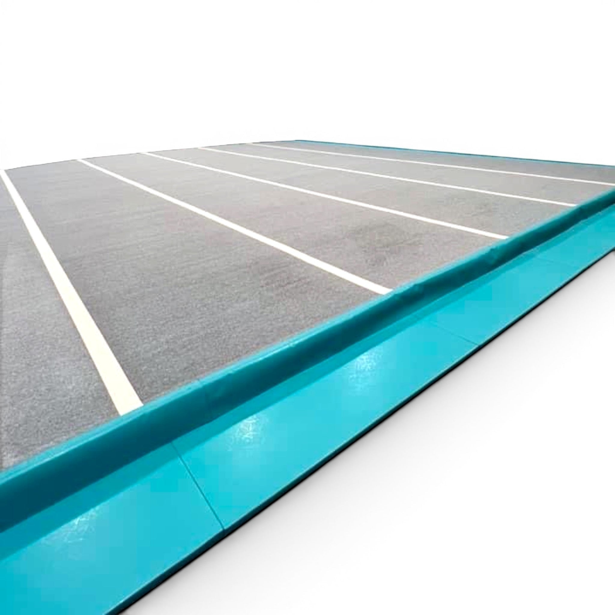 UK Gym Pits turquoise PVC drop-down side skirt attached to a grey gymnastics sprung floor with white lane markings.