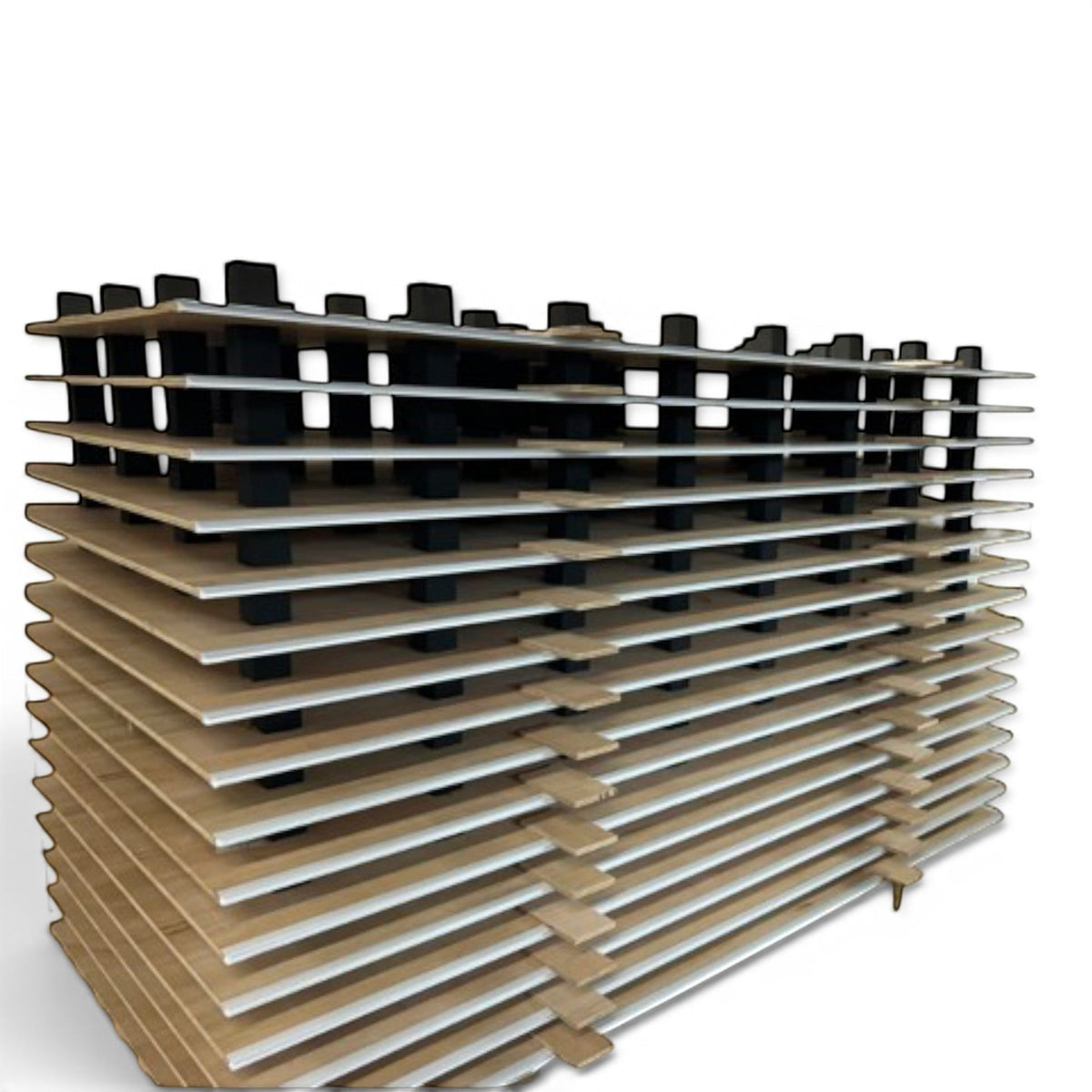 UK Gym Pits sprung tumble floor showing stacked dual plywood sheets with pre-installed black EDPM foam blocks