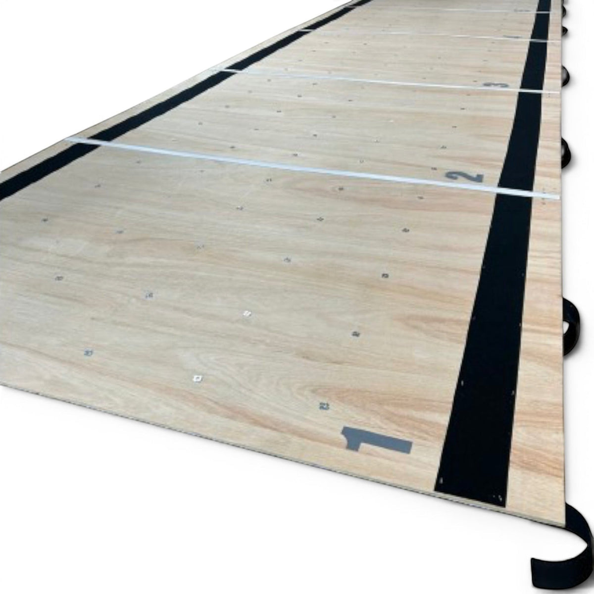 UK Gym Pits sprung tumble floor featuring dual plywood panels with numbered sections and black joining profiles