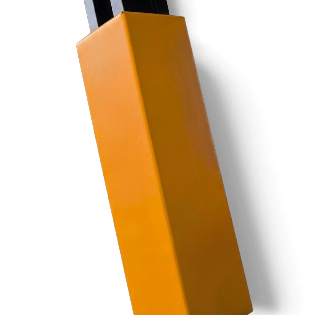 UK Gym Pits square orange post protector with shock-absorbing foam and heavy-duty PVC cover for gym safety.