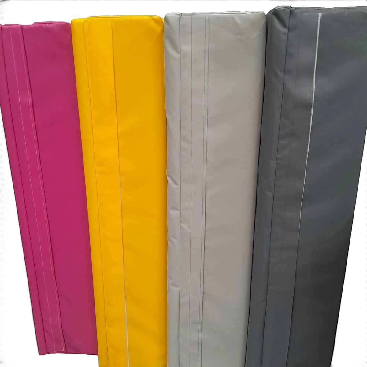 UK Gym Pits square post protectors in pink, yellow, light grey, and dark grey heavy-duty PVC with Velcro fastening.