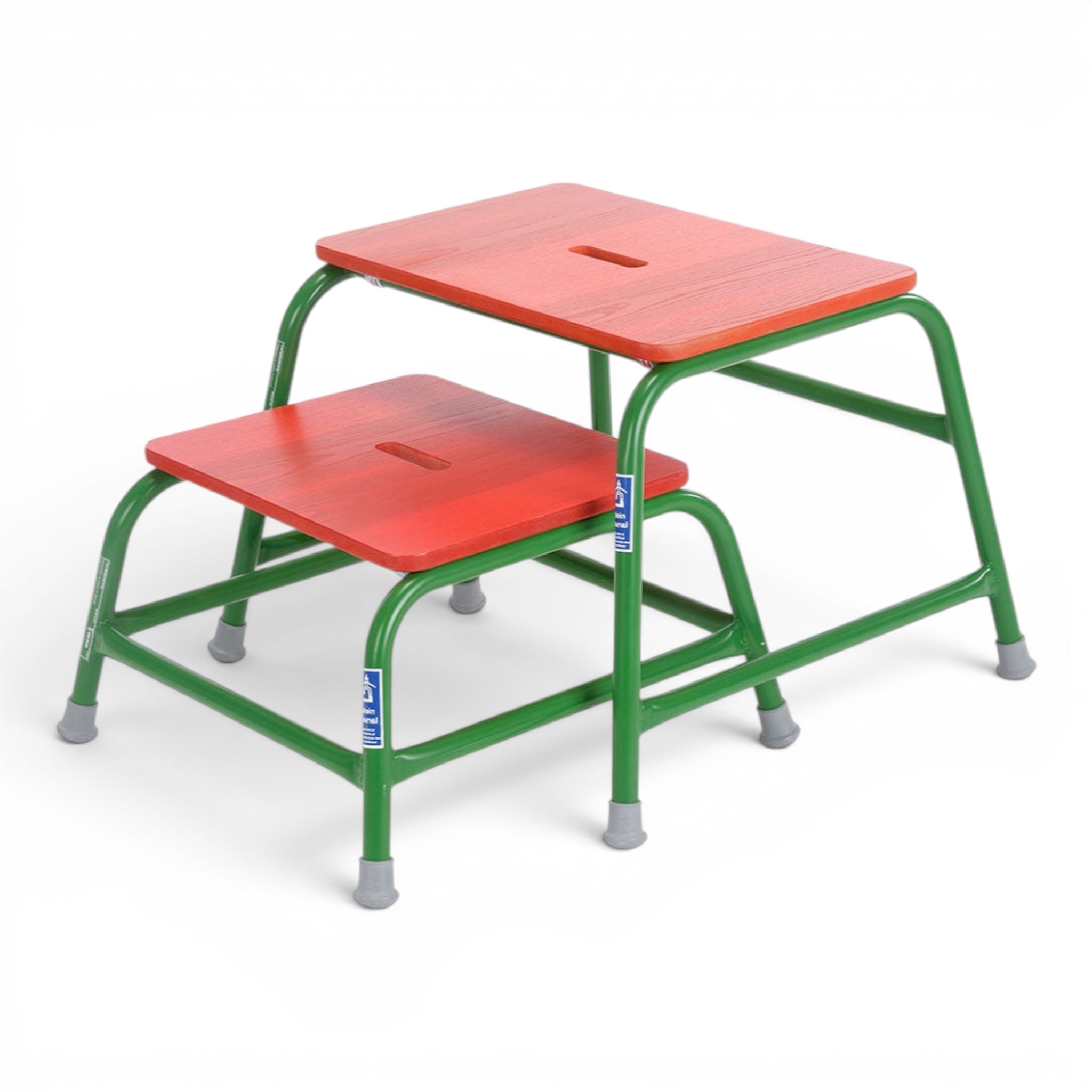 UK Gym Pits stackable agility stools with green powder-coated steel frames and red timber tops on non-slip rubber feet.