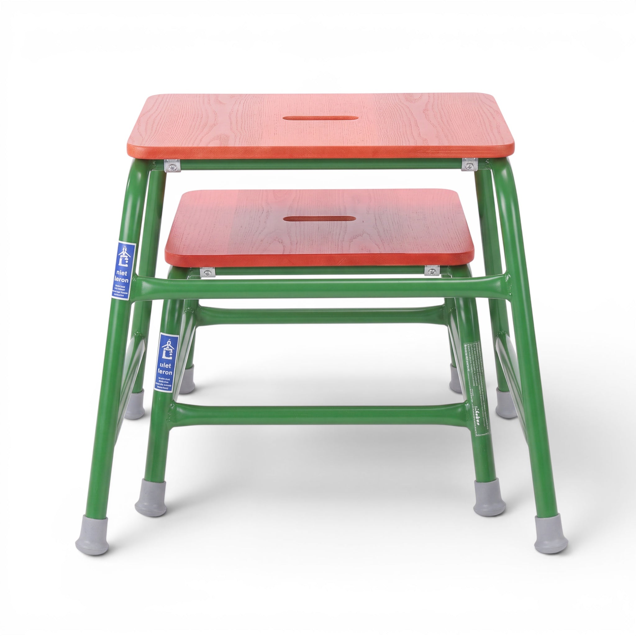 UK Gym Pits stackable agility stools with green powder-coated steel frames and red timber tops on a white background.