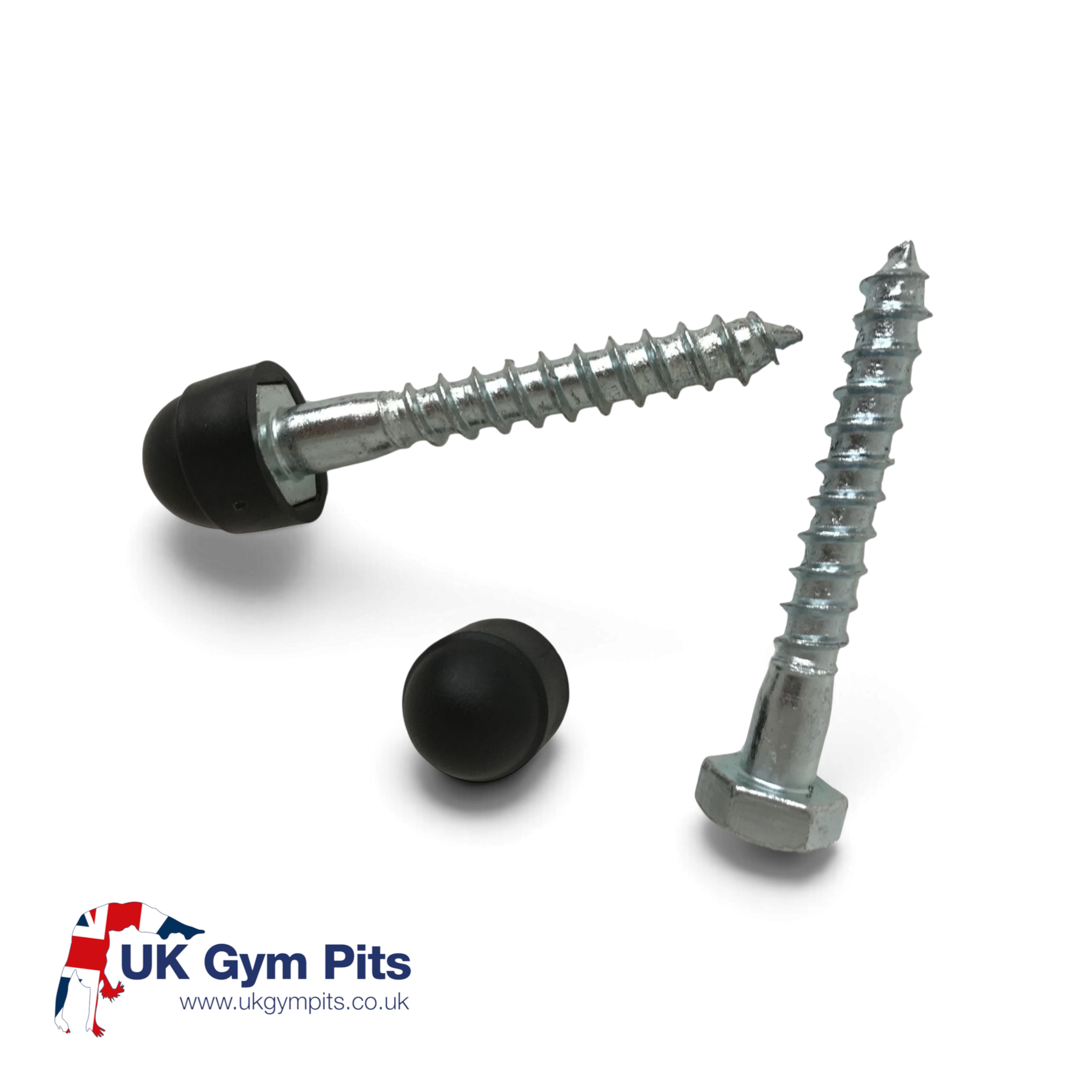 UK Gym Pits M10 x 70mm stainless steel coach bolt fixings with optional black plastic protective caps