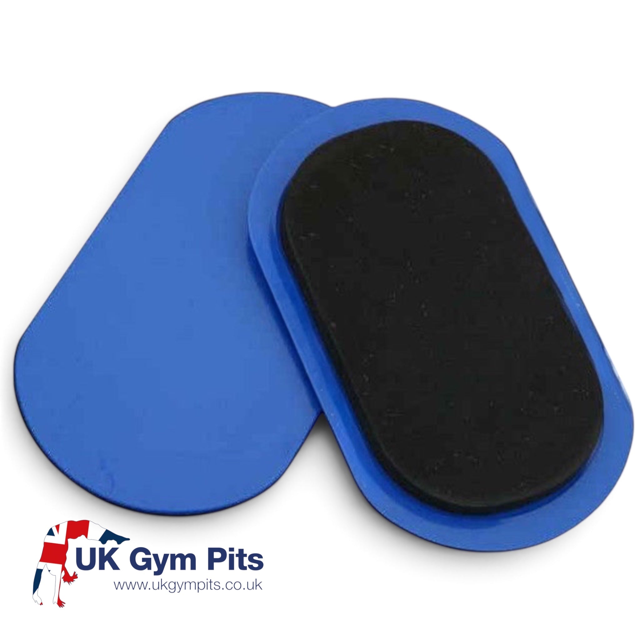UK Gym Pits standard conditioning sliders in royal blue and charcoal for core, flexibility, and tumbling exercises.