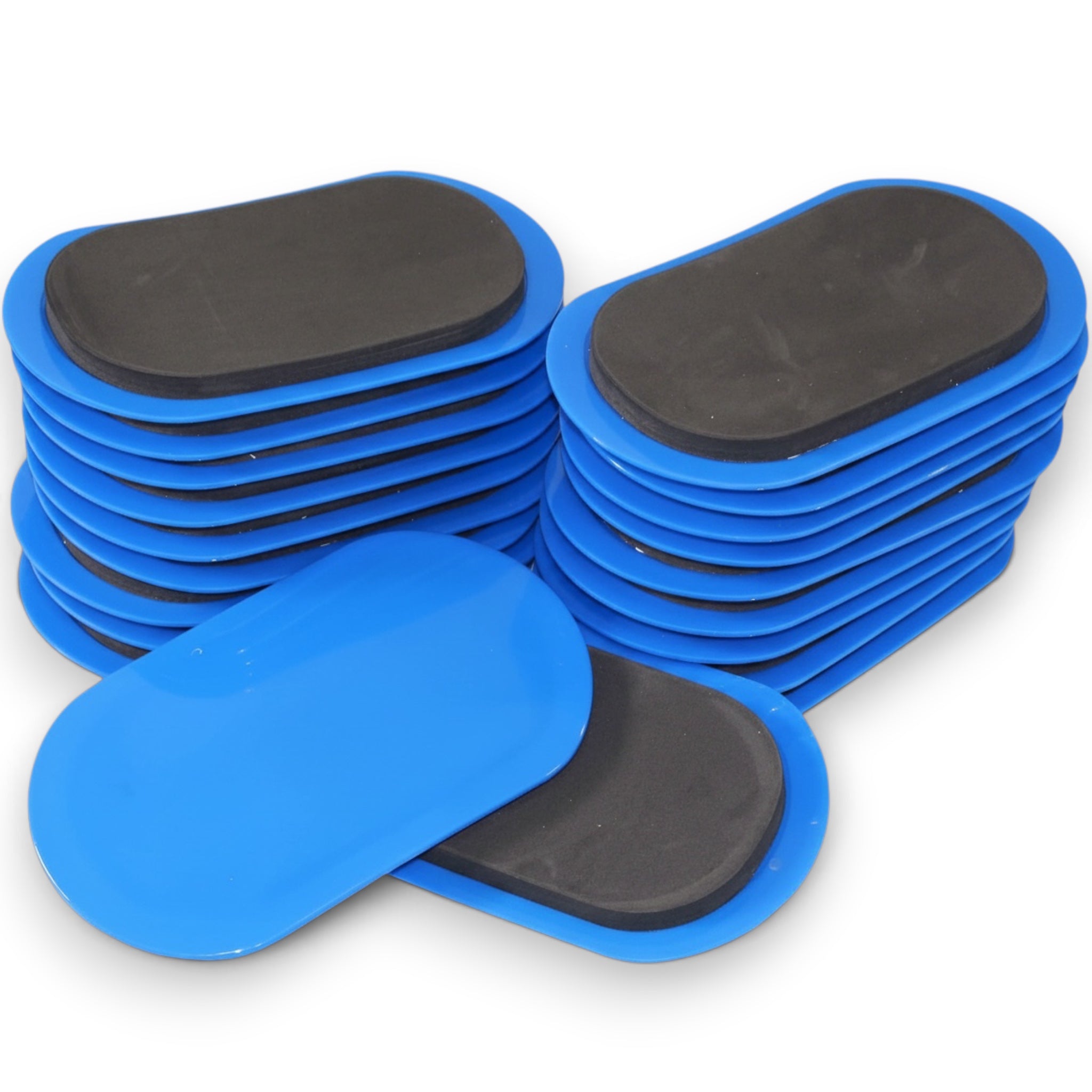 UK Gym Pits standard conditioning sliders in royal blue and charcoal for core, flexibility, and tumbling exercises.
