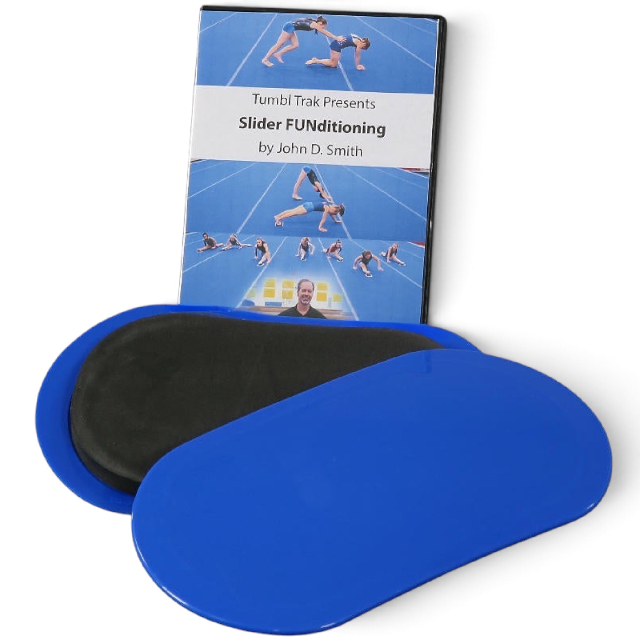 UK Gym Pits standard conditioning sliders in royal blue and charcoal with an instructional exercise DVD