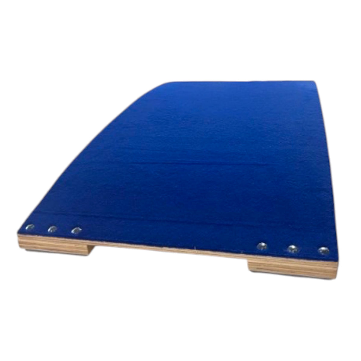 UK Gym Pits standard gymnastics springboard with blue antimicrobial carpet surface and birch plywood base.
