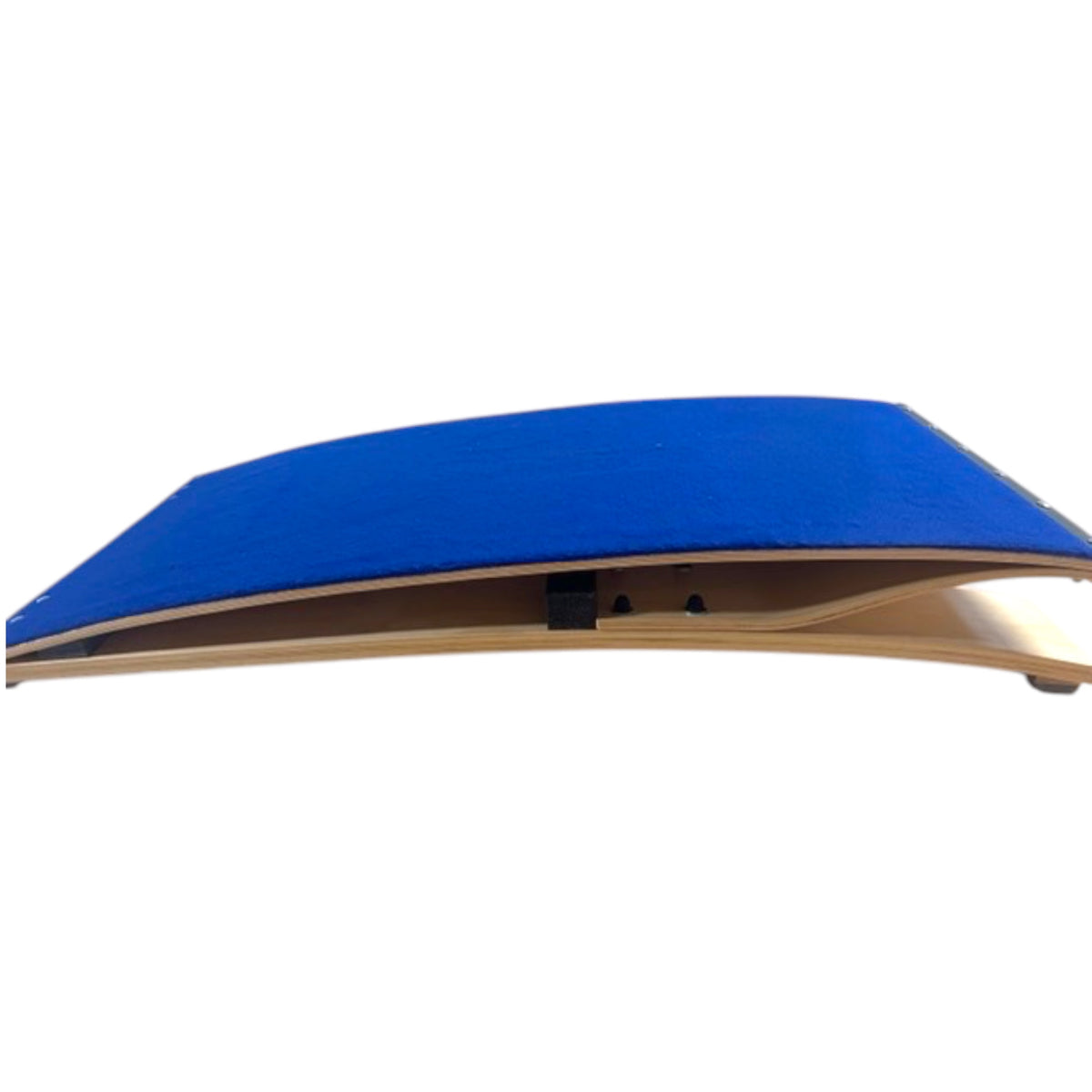 UK Gym Pits standard gymnastics springboard with blue antimicrobial carpet and birch plywood base, side view.