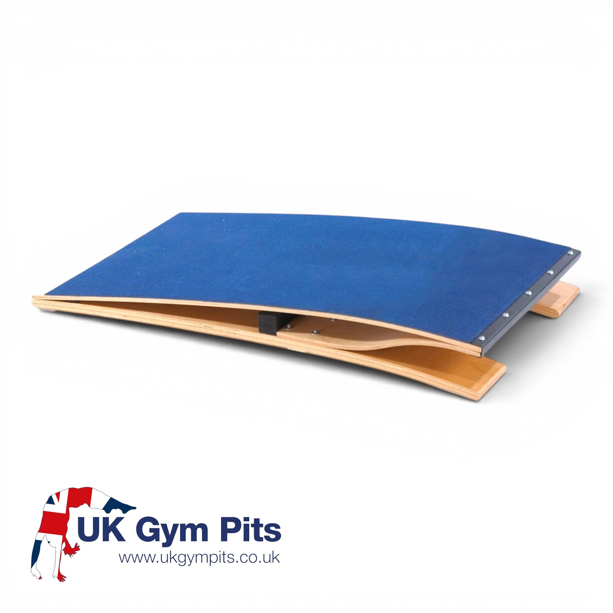 UK Gym Pits standard gymnastics springboard with blue antimicrobial carpet and birch plywood base