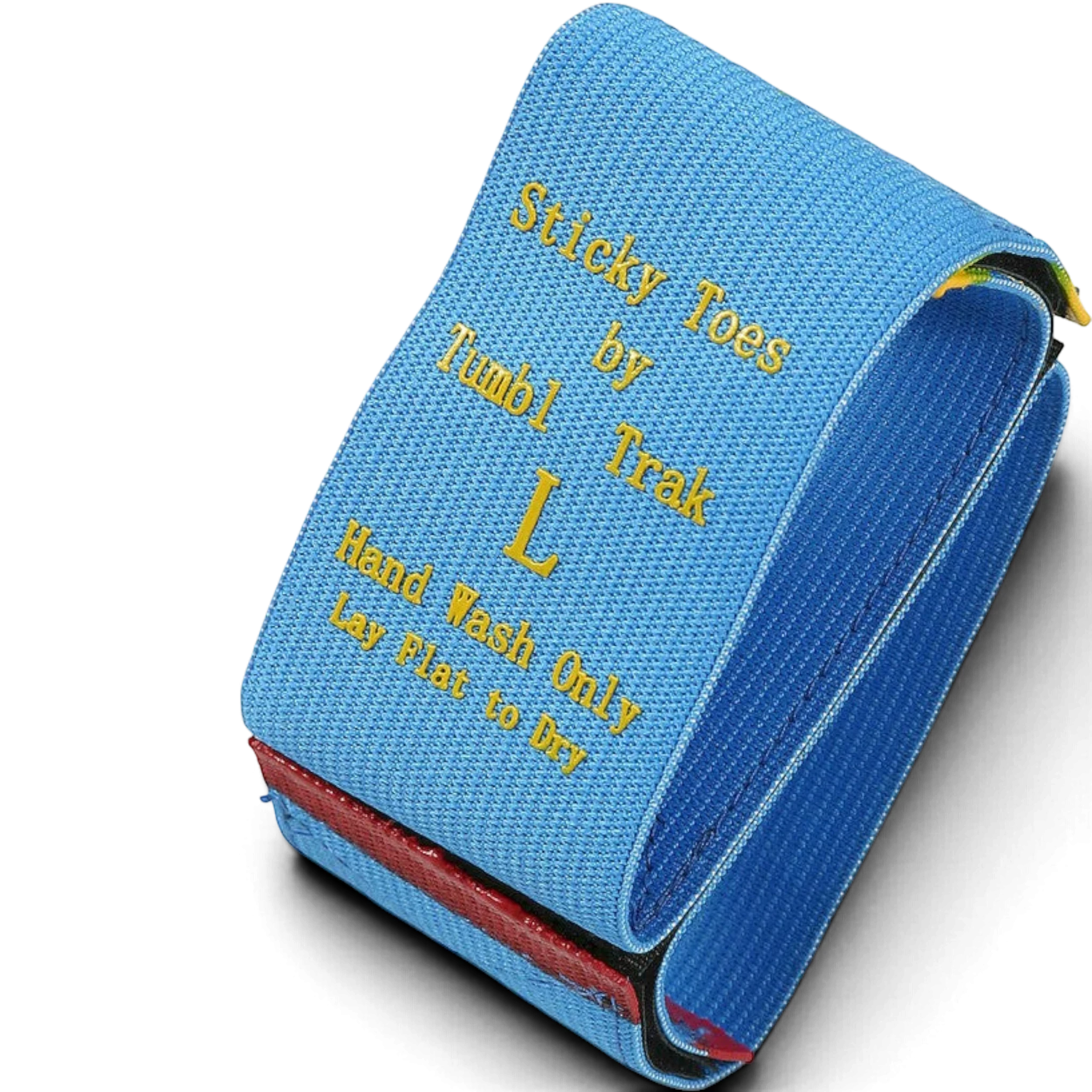 UK Gym Pits blue Sticky Toes gymnastics training strap with yellow embroidery for foot alignment