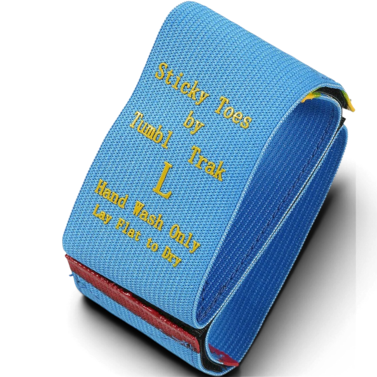 UK Gym Pits blue Sticky Toes gymnastics training strap with yellow text for left foot positioning