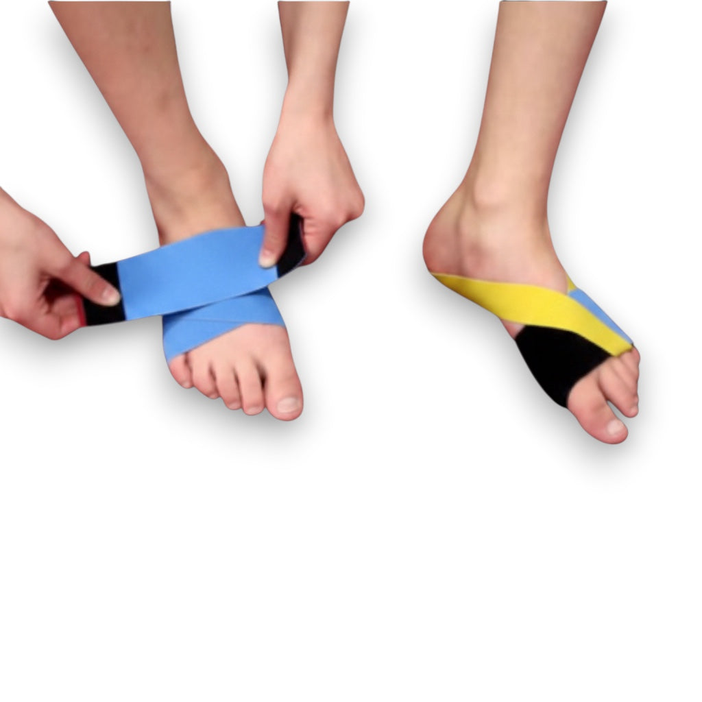 UK Gym Pits Sticky Toes velcro straps on athlete feet for cheerleading skill training in blue and yellow