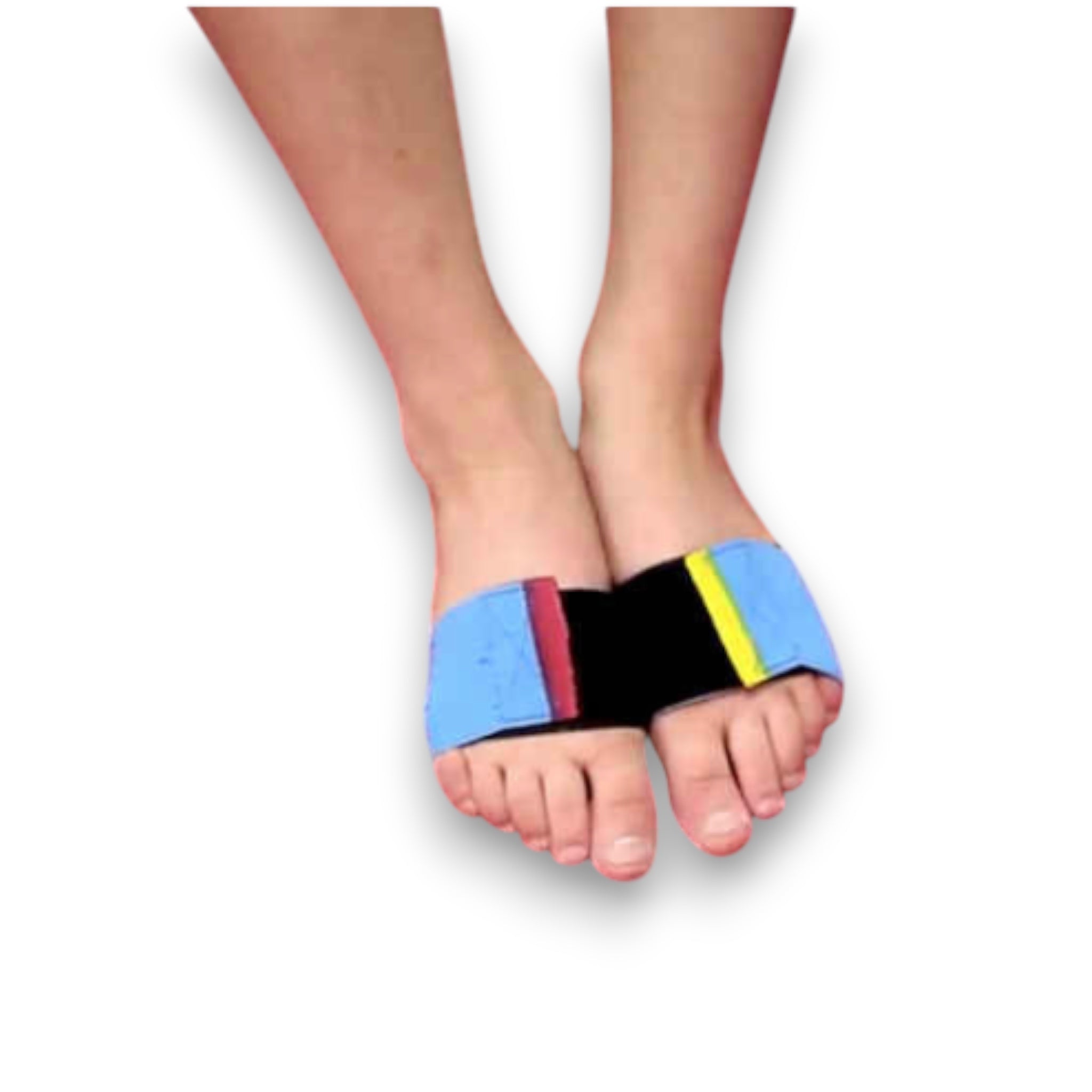 UK Gym Pits Sticky Toes velcro straps on a child's feet for cheerleading training, featuring red and yellow markers.