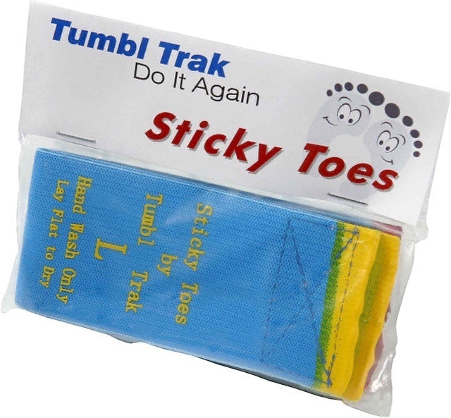 UK Gym Pits Sticky Toes Velcro foot straps in blue and yellow for cheerleading and gymnastics skill training