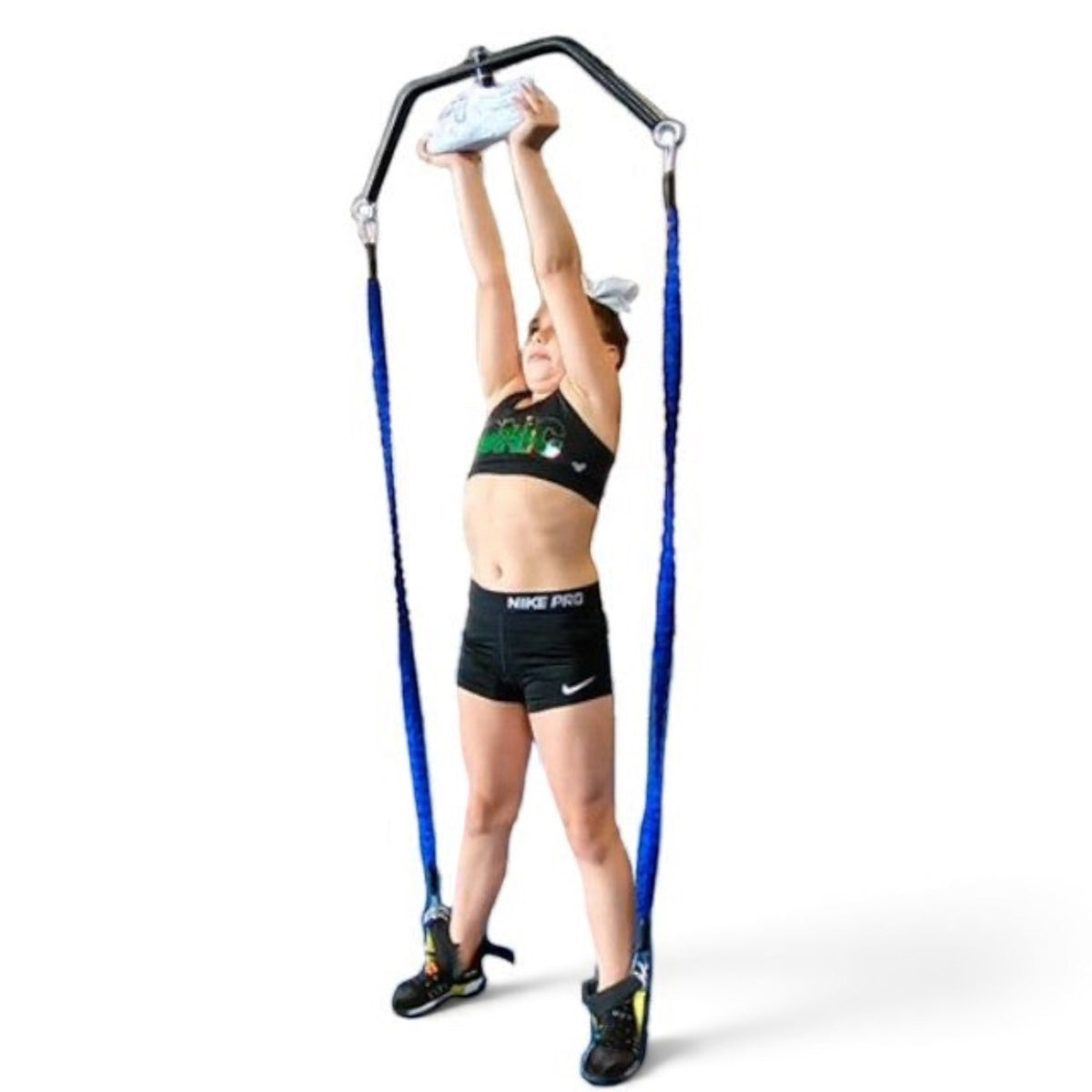 UK Gym Pits Stunt Double cheerleading trainer with a young athlete practicing overhead lifts using bungee resistance.