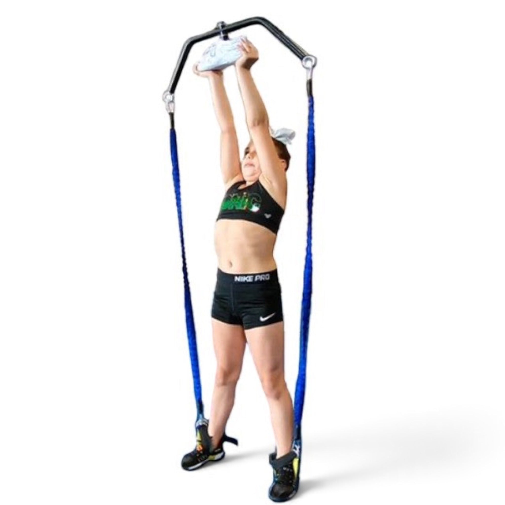 UK Gym Pits Stunt Double cheerleading trainer with a young athlete practicing overhead lifts using bungee resistance.