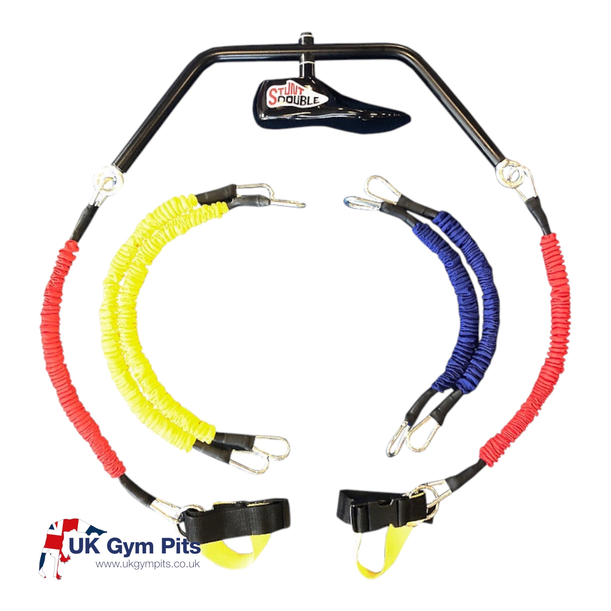 UK Gym Pits Stunt Double cheerleading training device with steel crossbar, swivelling foot, and resistance bungees.