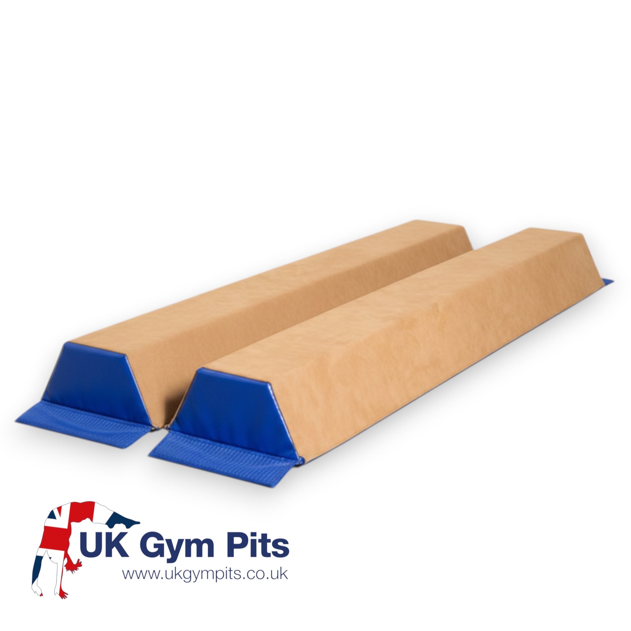 UK Gym Pits sectional balance beam set with tan suede surface and blue Velcro ends for gymnastics training