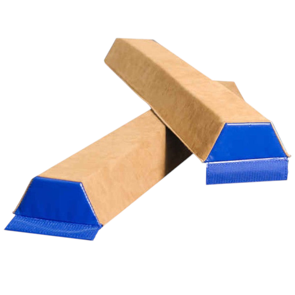 UK Gym Pits sectional balance beam with tan suede top and blue ends, featuring Velcro connectors for gymnastics.
