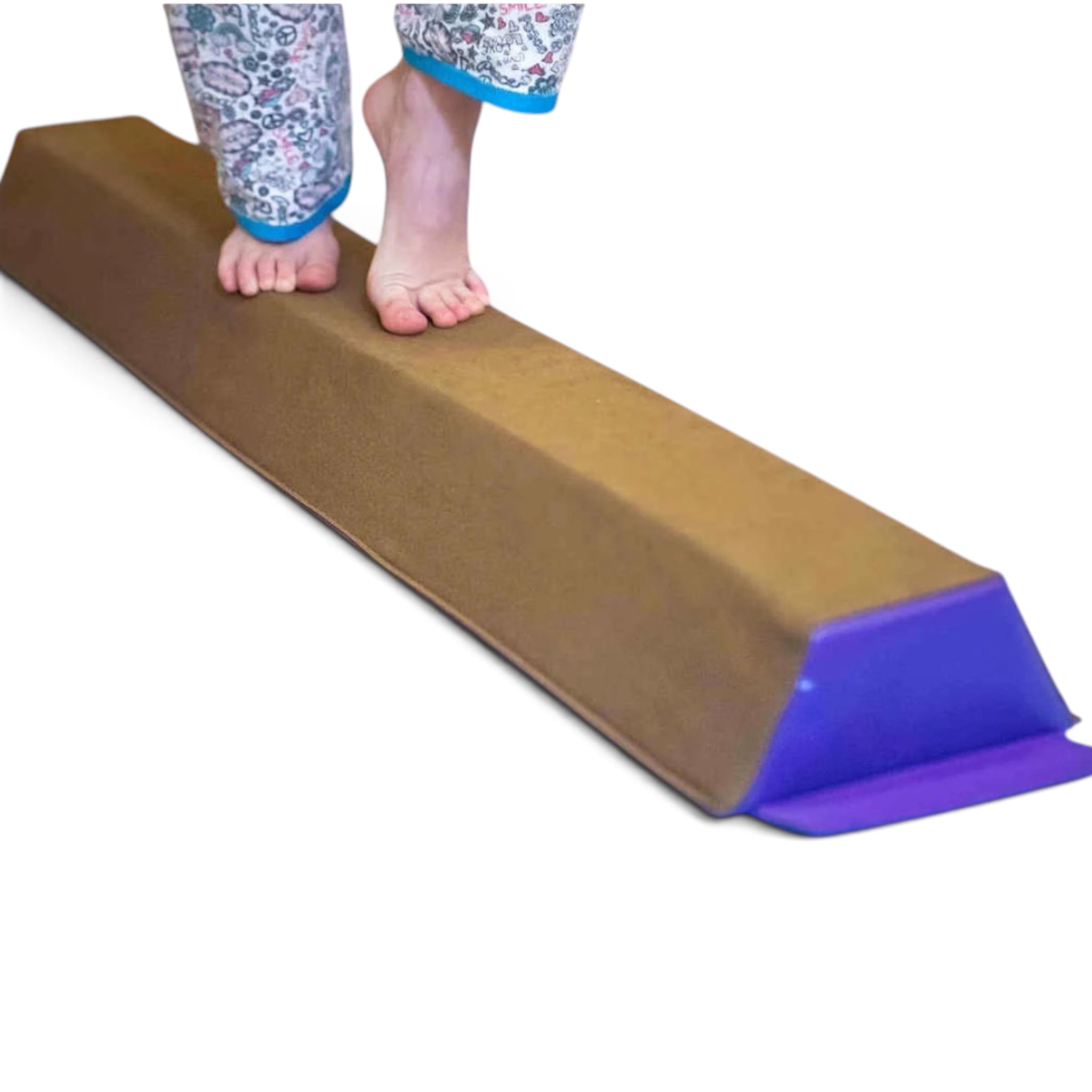 UK Gym Pits suede sectional balance beam in brown with purple end, being used by a child for gymnastics practice.